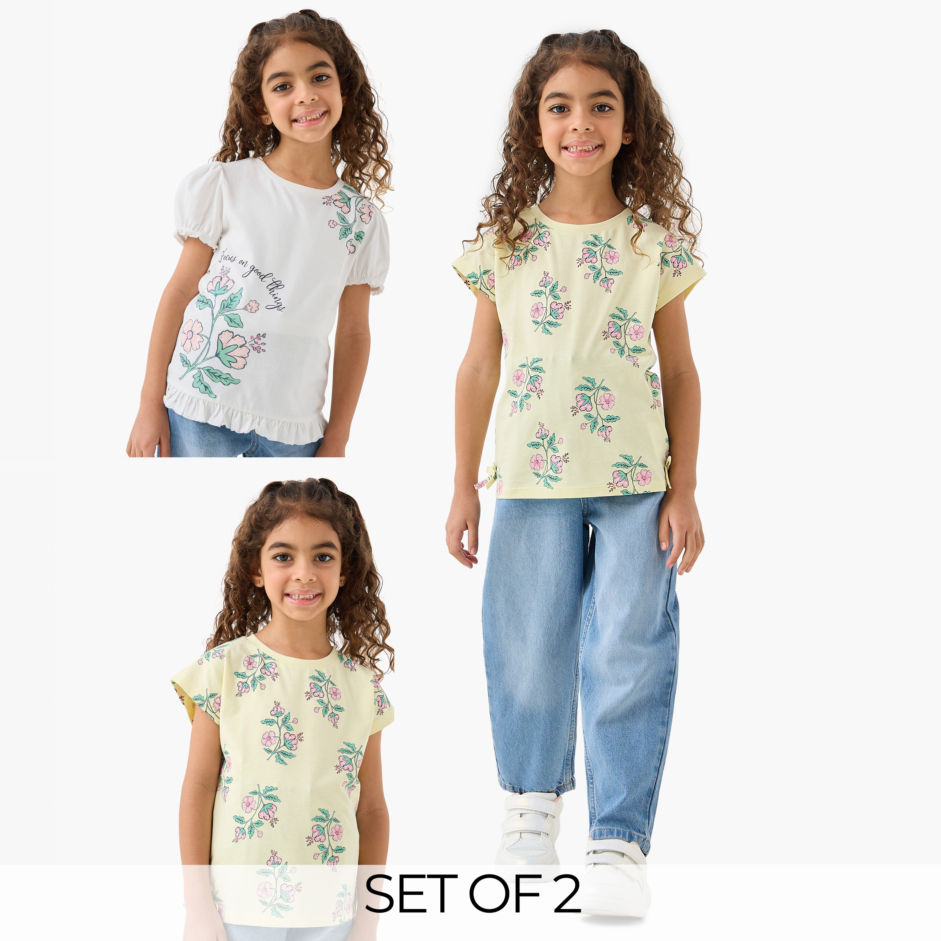 Pack of 2 Juniors Round Neck Short Sleeves T-shirt with Floral Print-girls-clothing-tshirts-image-1