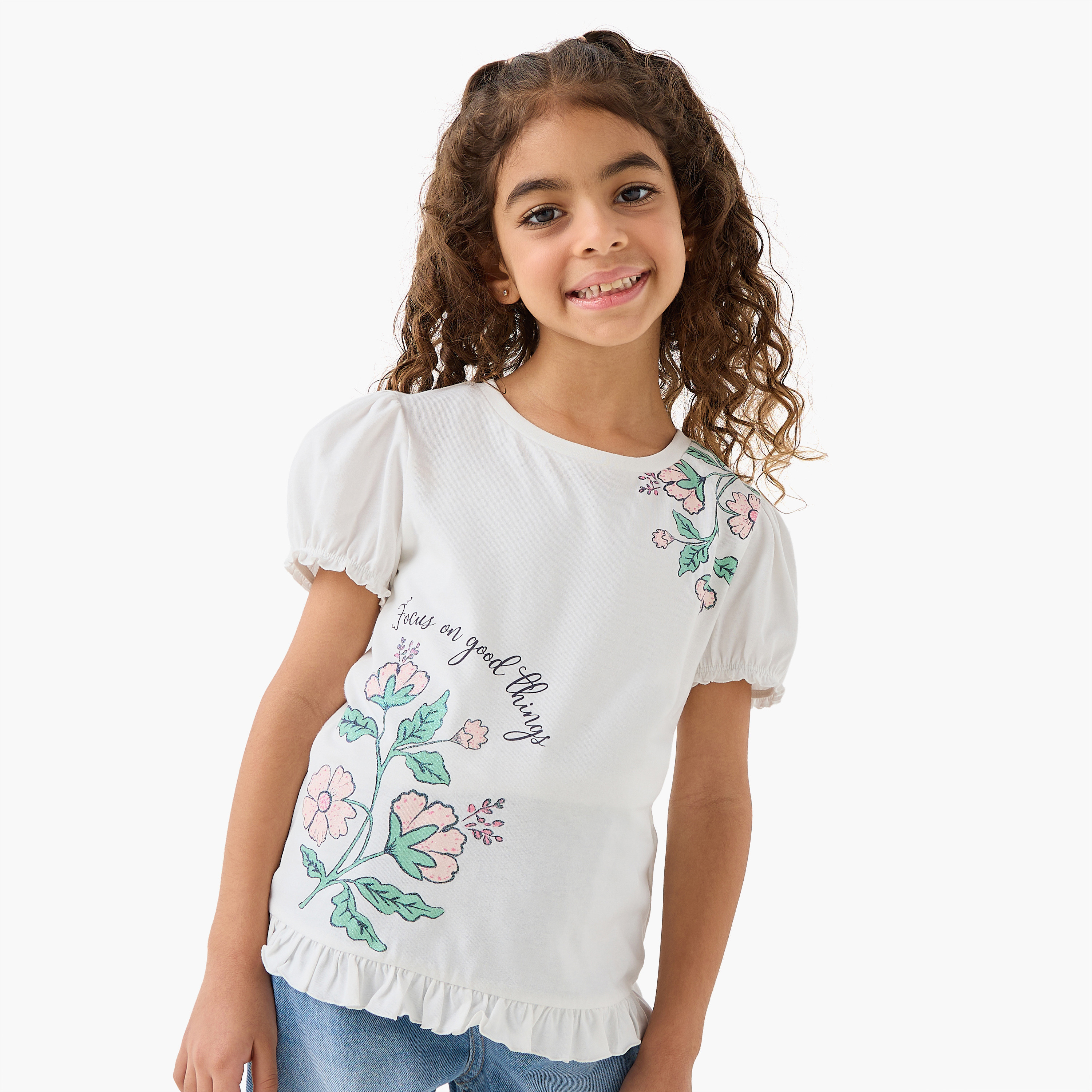 Pack of 2 Juniors Round Neck Short Sleeves T-shirt with Floral Print-girls-clothing-tshirts-image-2