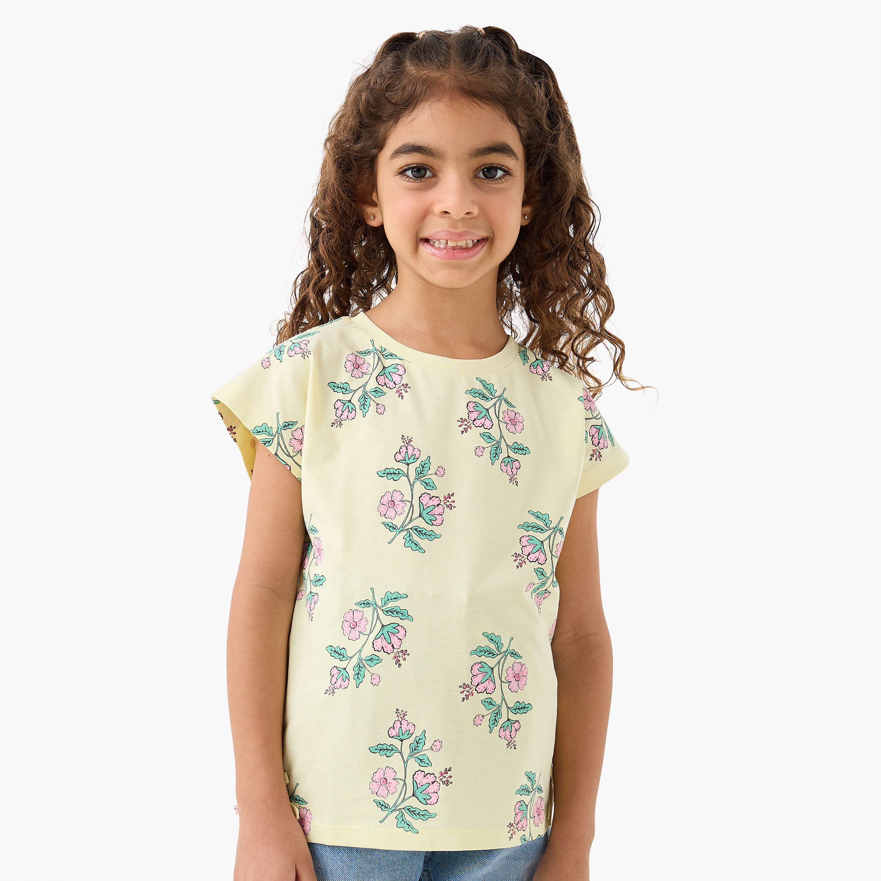 Pack of 2 Juniors Round Neck Short Sleeves T-shirt with Floral Print-girls-clothing-tshirts-image-3