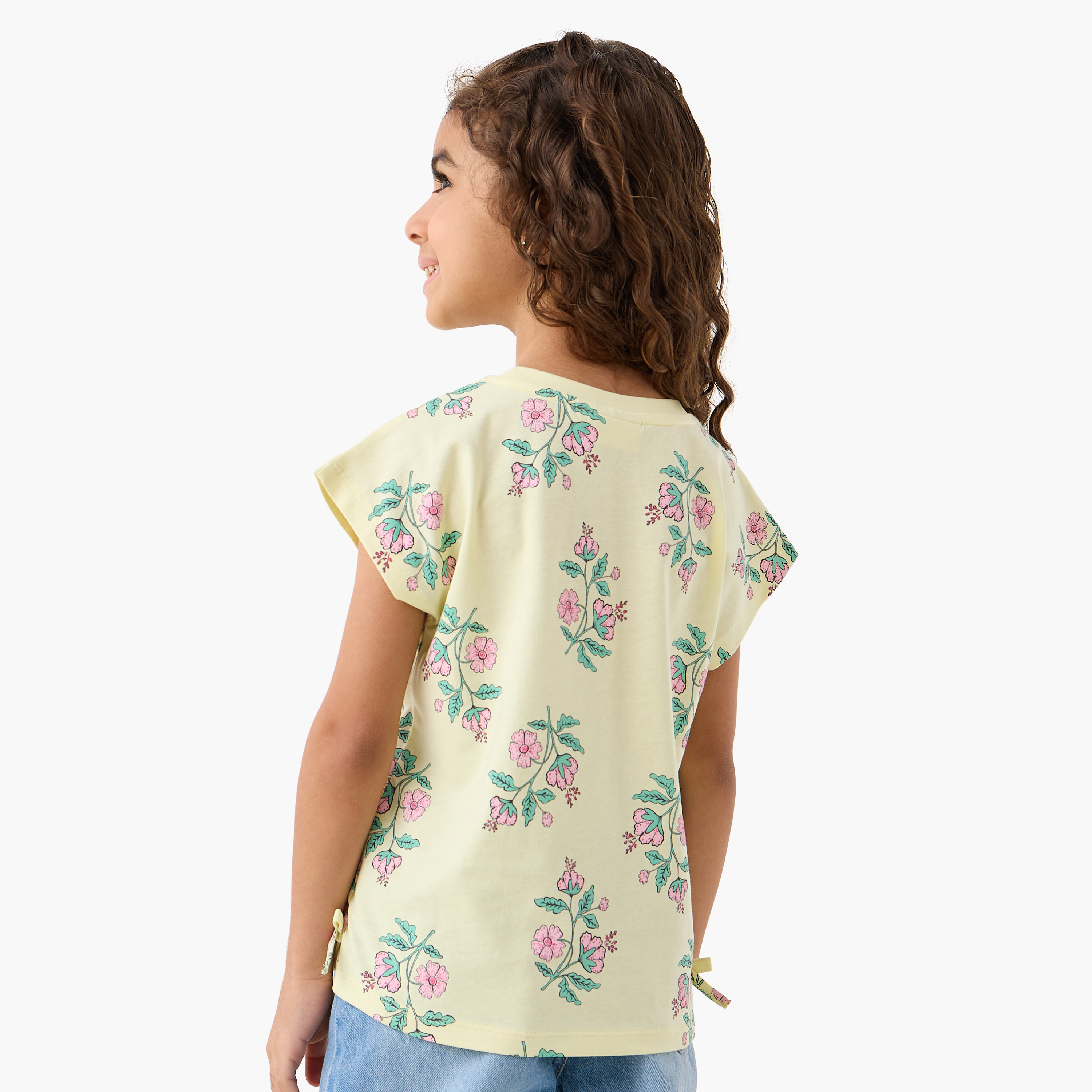 Pack of 2 Juniors Round Neck Short Sleeves T-shirt with Floral Print-girls-clothing-tshirts-image-4