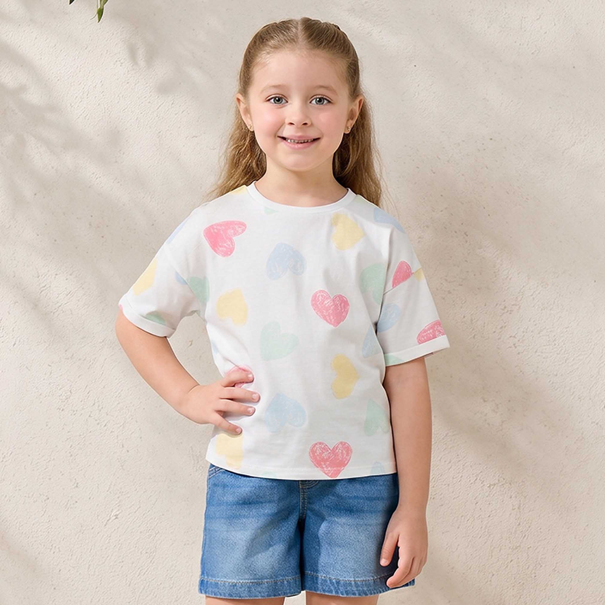 Juniors Crew Neck Short Sleeves T-shirt with Heart Print-girls-clothing-tshirts-image-1
