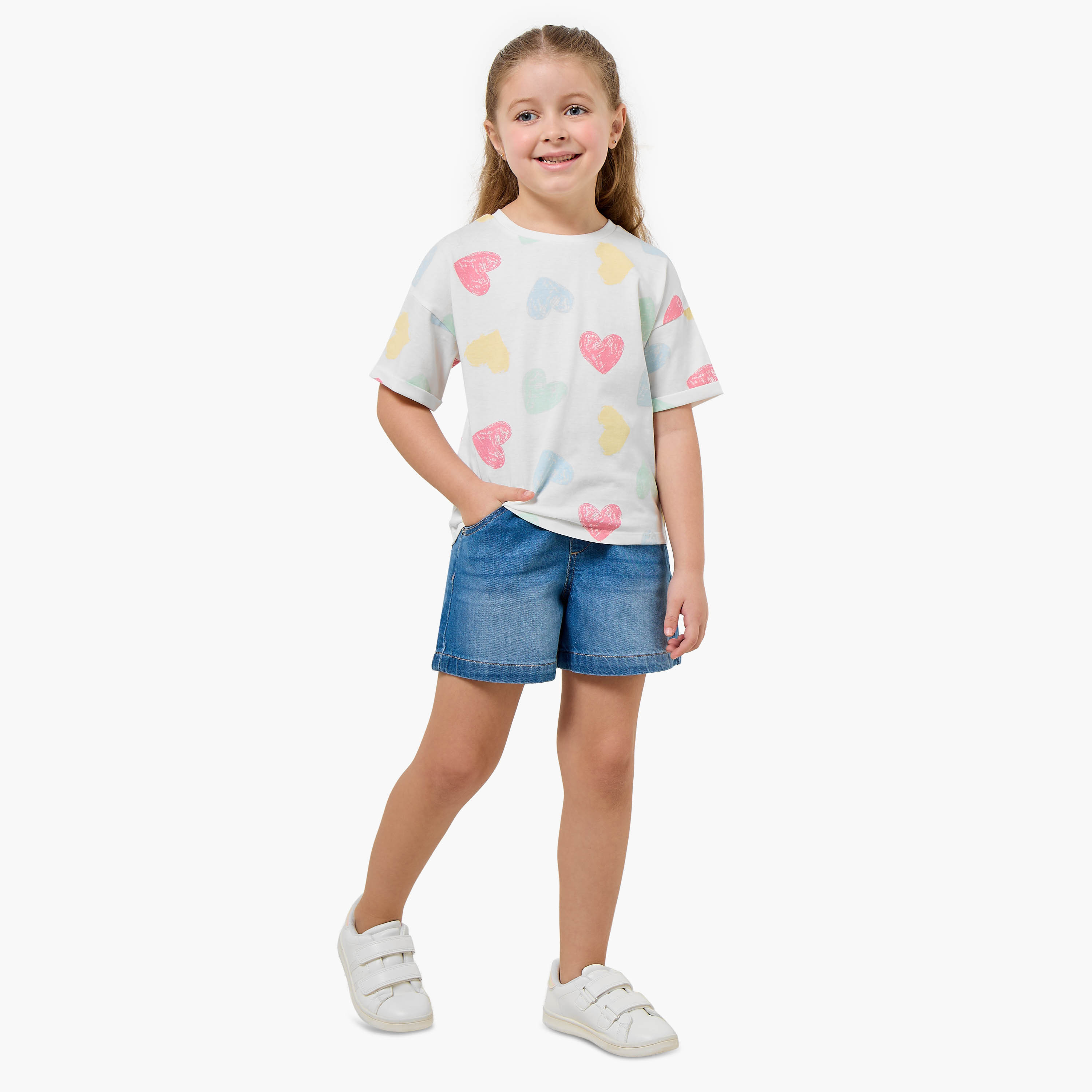 Juniors Crew Neck Short Sleeves T-shirt with Heart Print-girls-clothing-tshirts-image-2