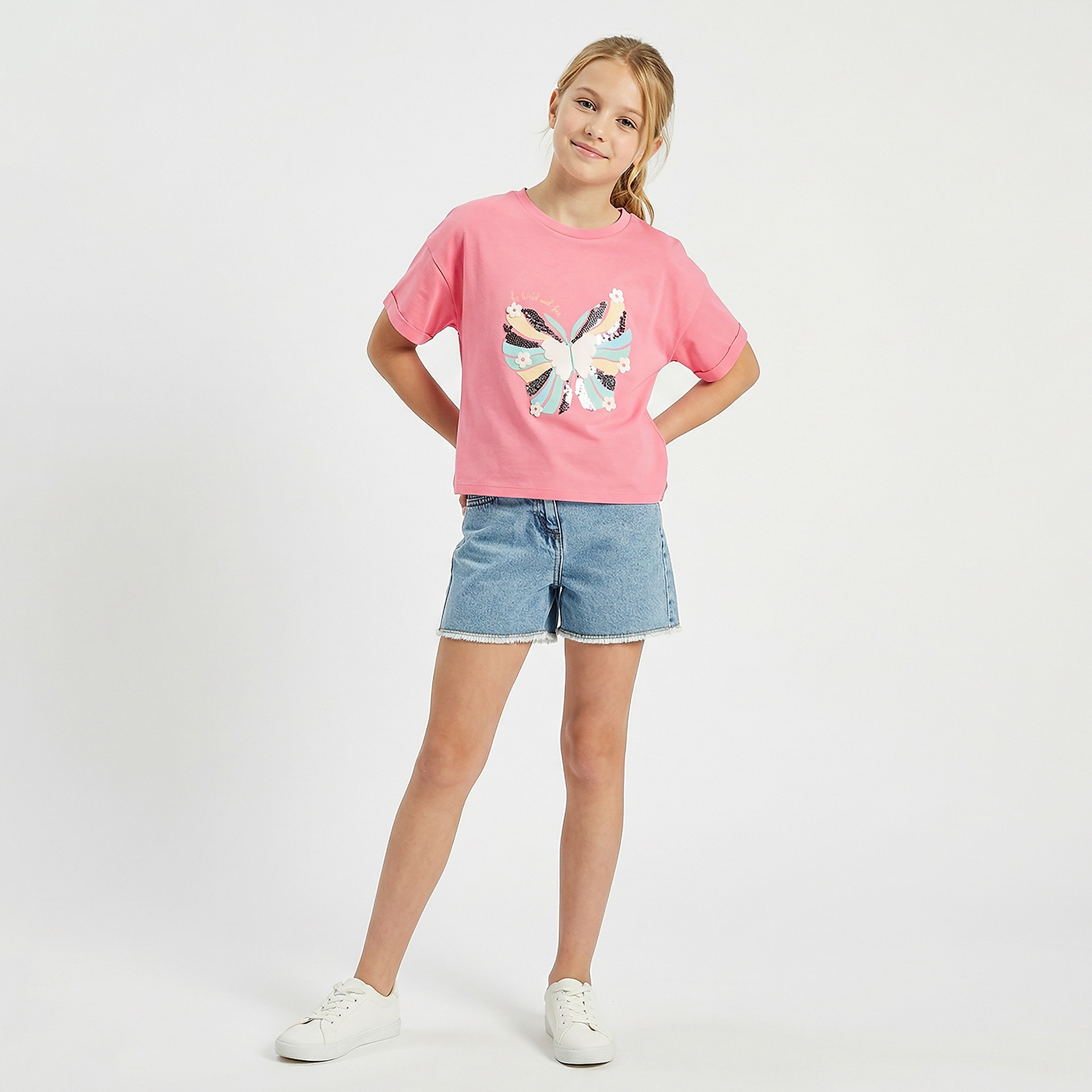 Juniors Crew Neck Short Sleeves T-shirt with Butterfly Sequin Embellishment-girls-clothing-tshirts-image-2
