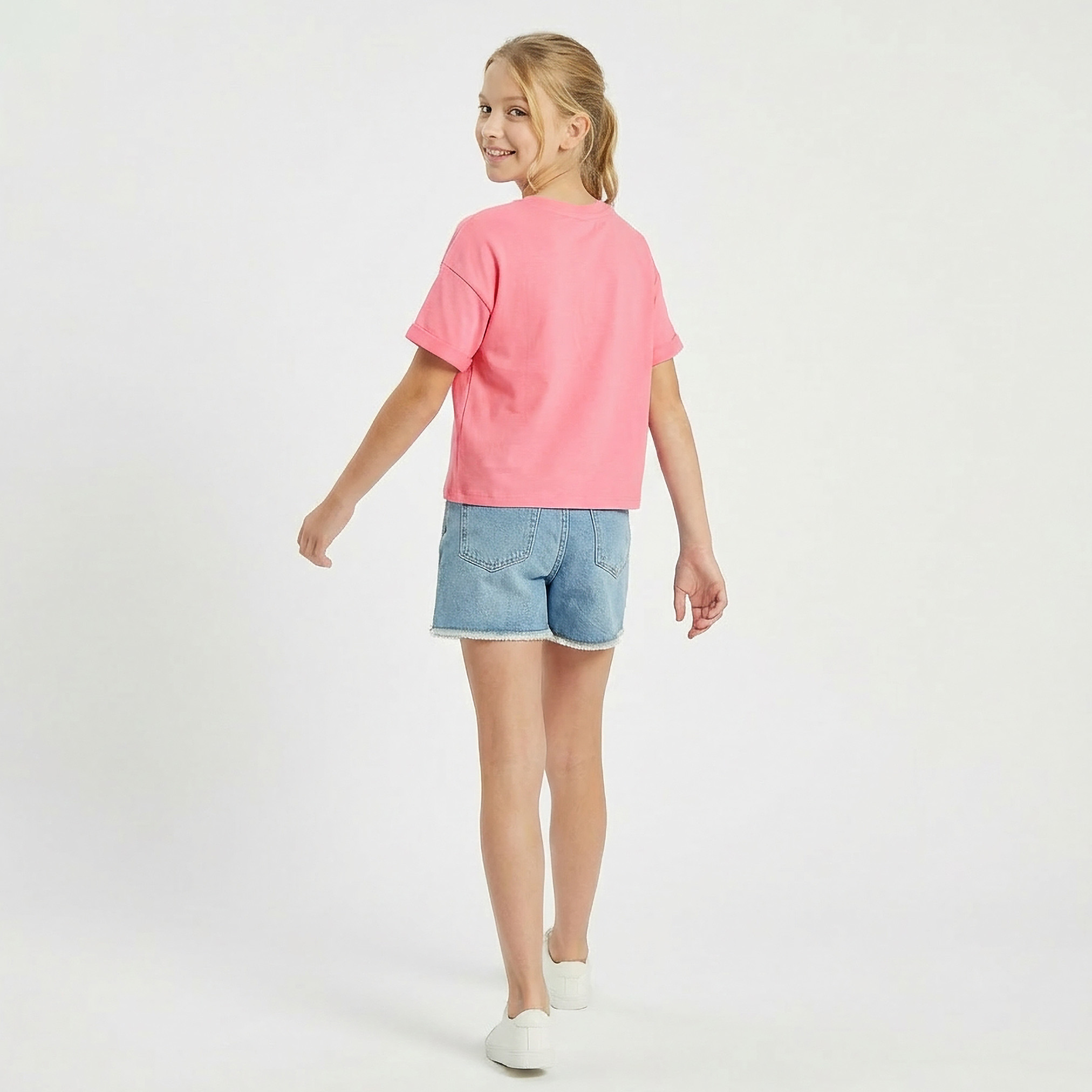 Juniors Crew Neck Short Sleeves T-shirt with Butterfly Sequin Embellishment-girls-clothing-tshirts-image-3