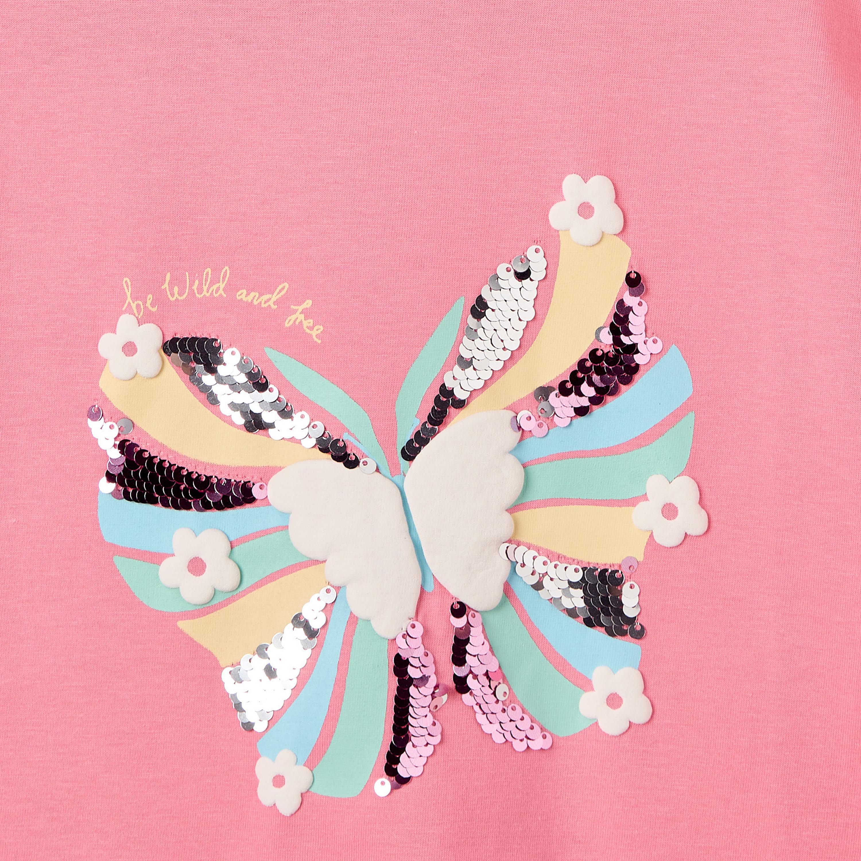 Juniors Crew Neck Short Sleeves T-shirt with Butterfly Sequin Embellishment-girls-clothing-tshirts-image-4