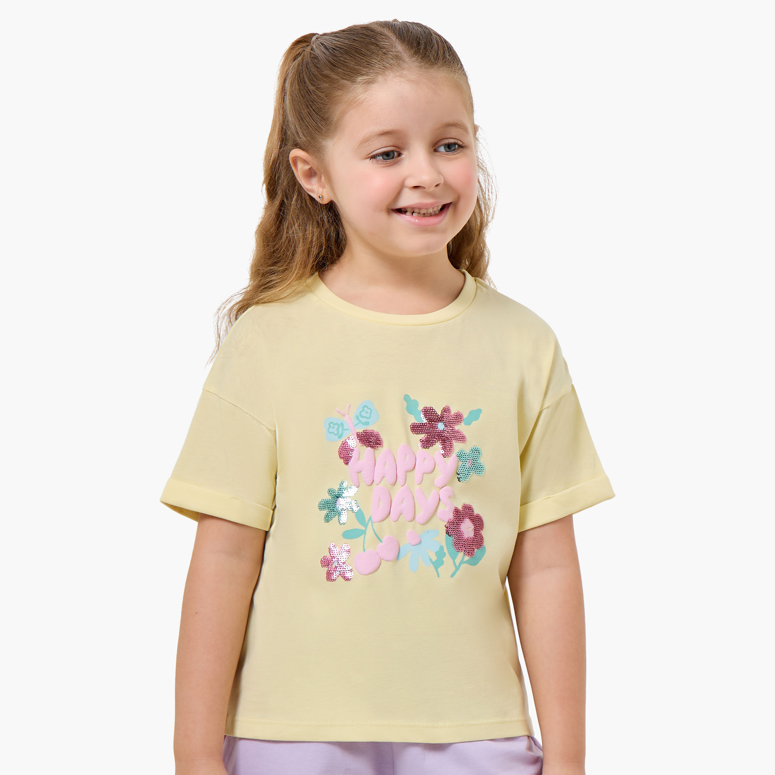 Juniors Crew Neck Short Sleeves T-shirt with Floral Sequin Detail-girls-clothing-tshirts-image-1