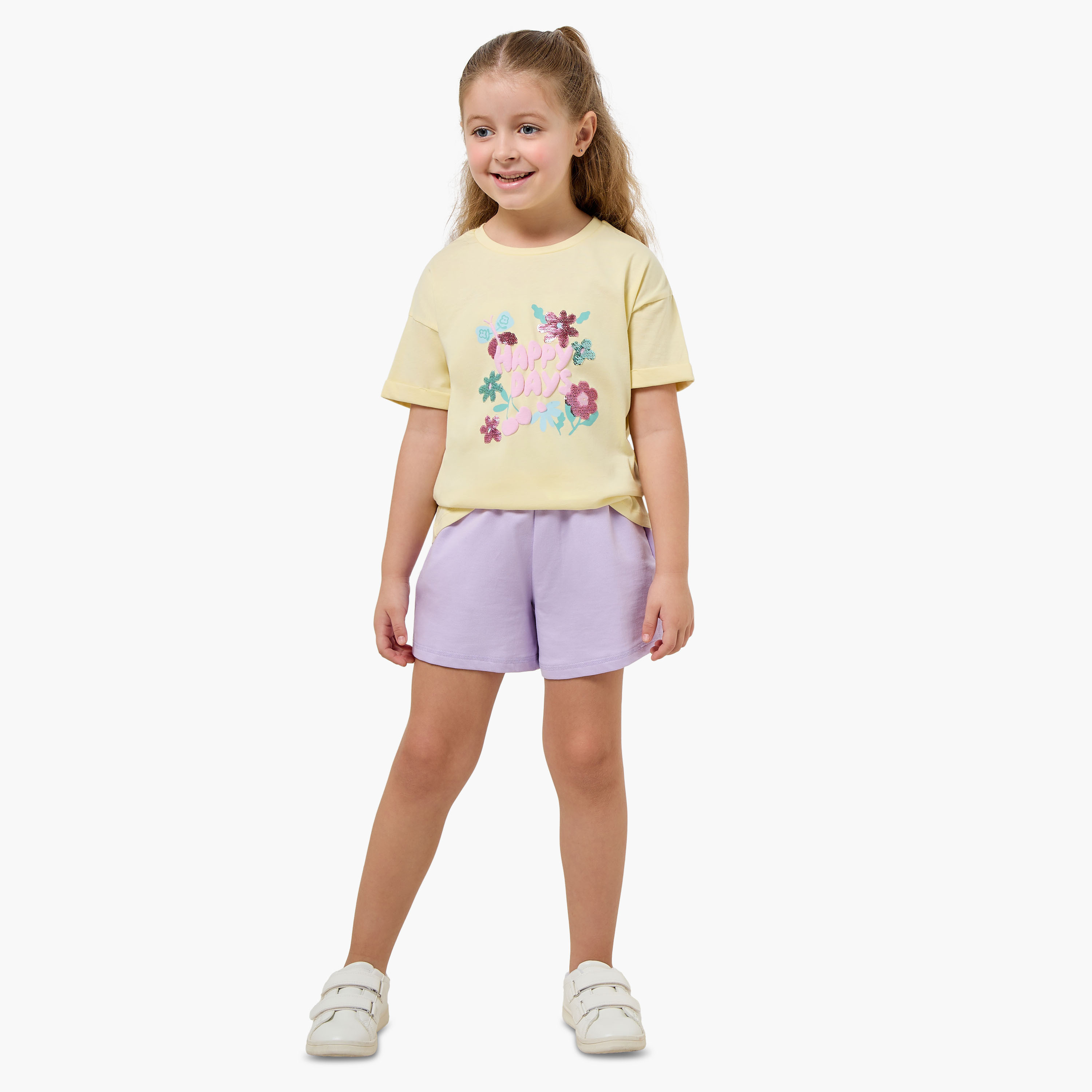 Juniors Crew Neck Short Sleeves T-shirt with Floral Sequin Detail-girls-clothing-tshirts-image-2
