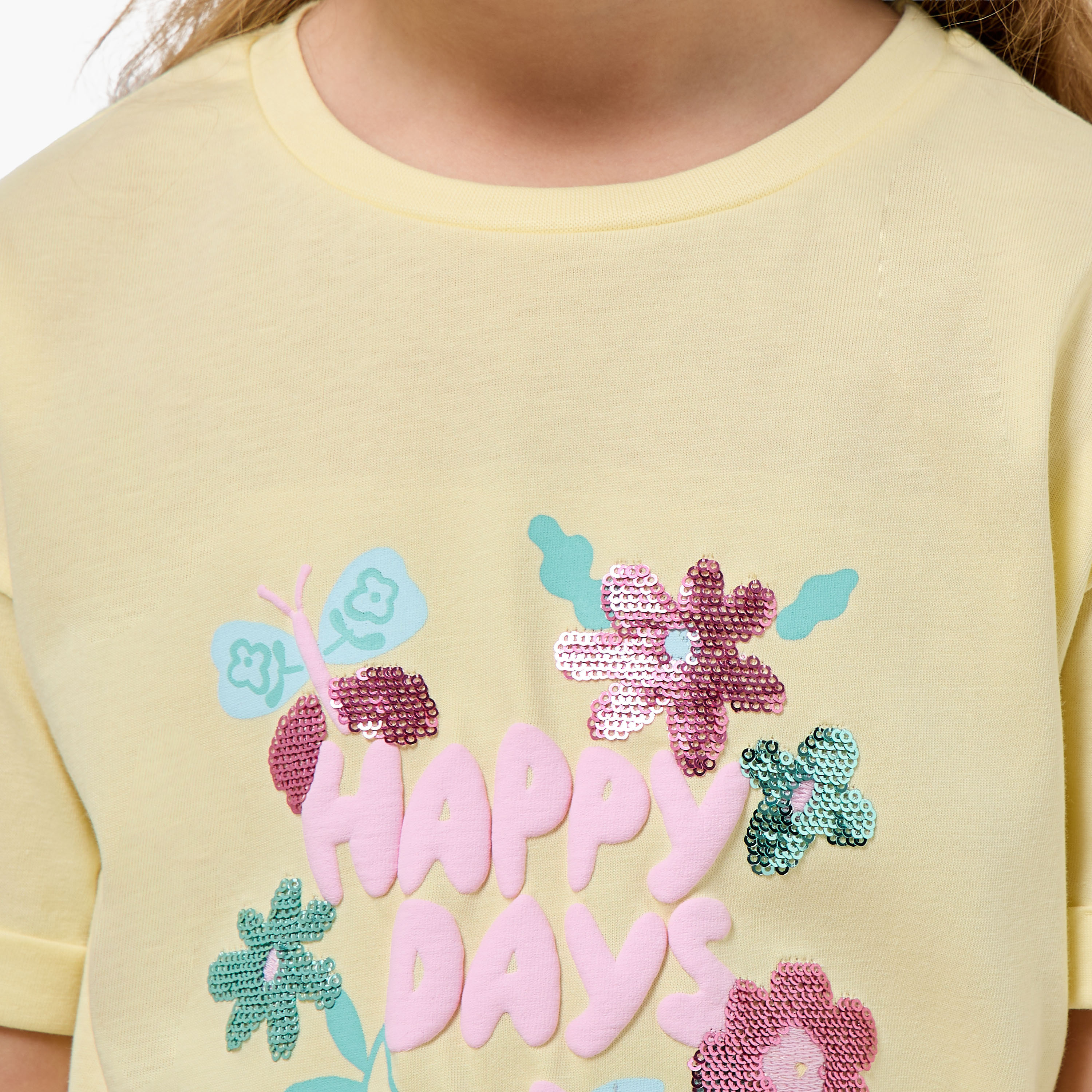 Juniors Crew Neck Short Sleeves T-shirt with Floral Sequin Detail-girls-clothing-tshirts-image-4