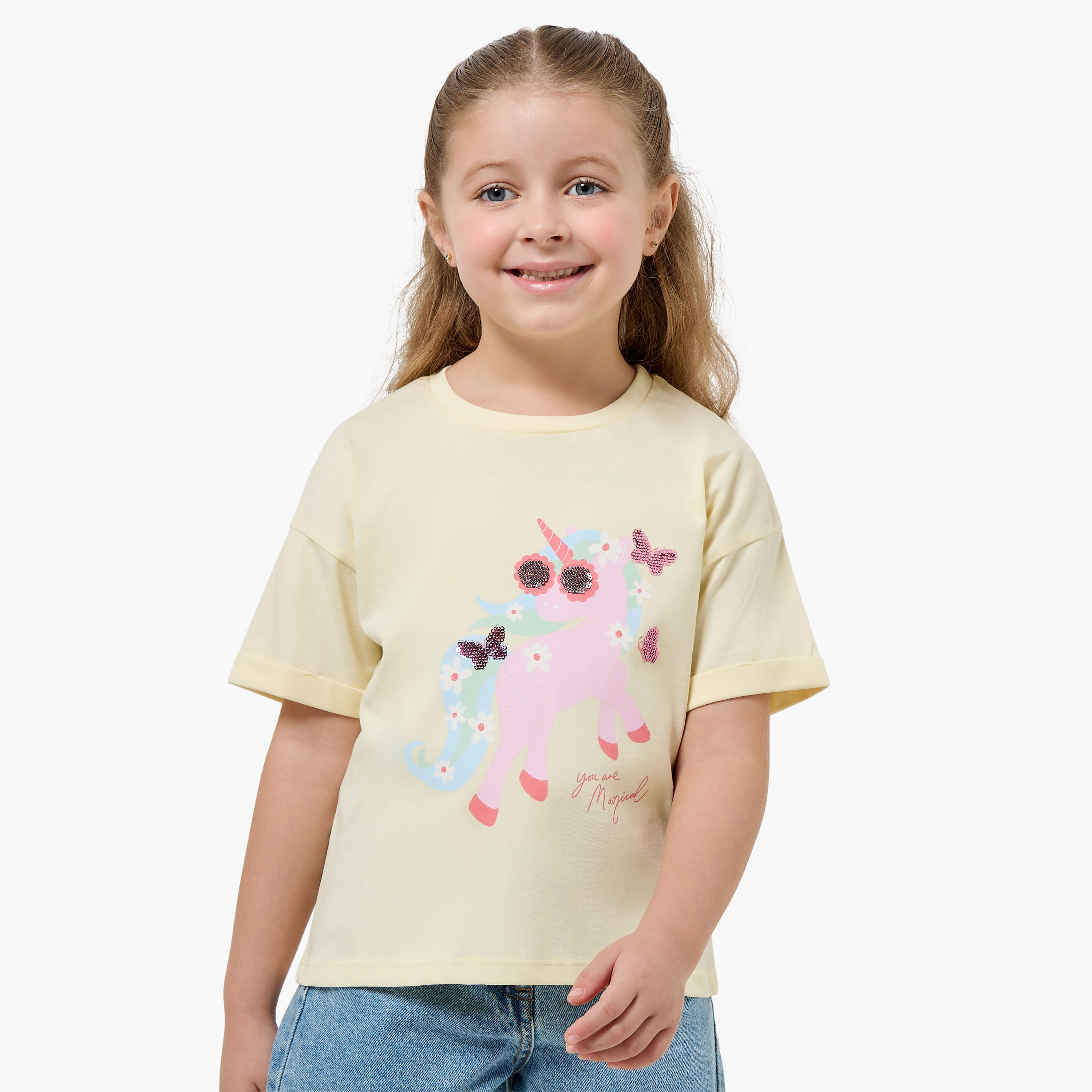 Juniors Crew Neck Short Sleeves T-shirt with Unicorn Sequin Detail-girls-clothing-tshirts-image-1