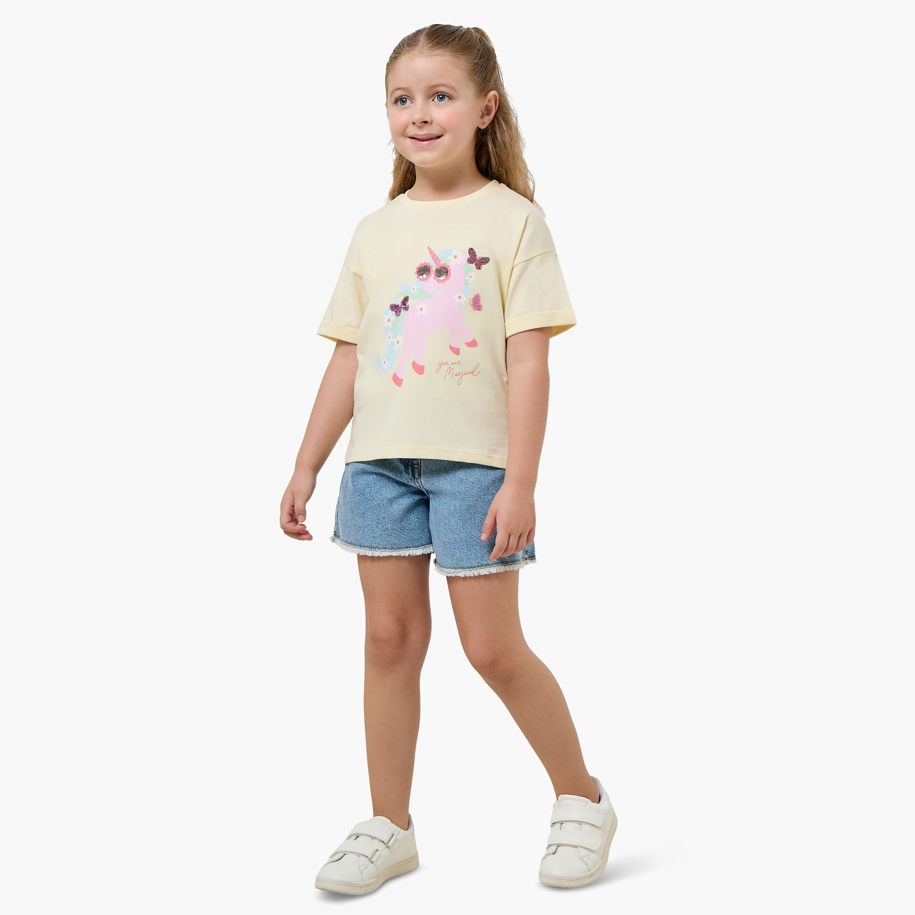 Juniors Crew Neck Short Sleeves T-shirt with Unicorn Sequin Detail-girls-clothing-tshirts-image-2