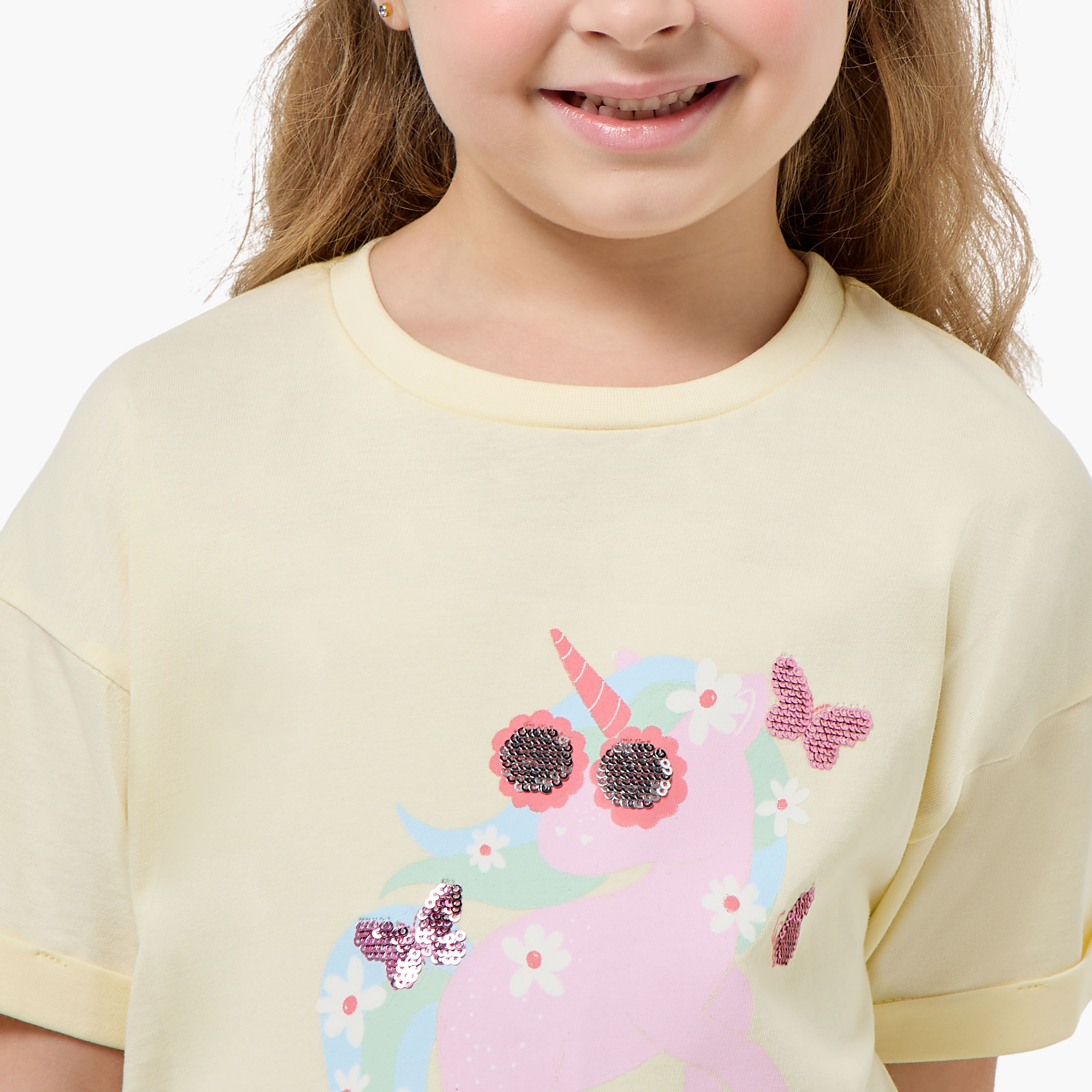 Juniors Crew Neck Short Sleeves T-shirt with Unicorn Sequin Detail-girls-clothing-tshirts-image-4