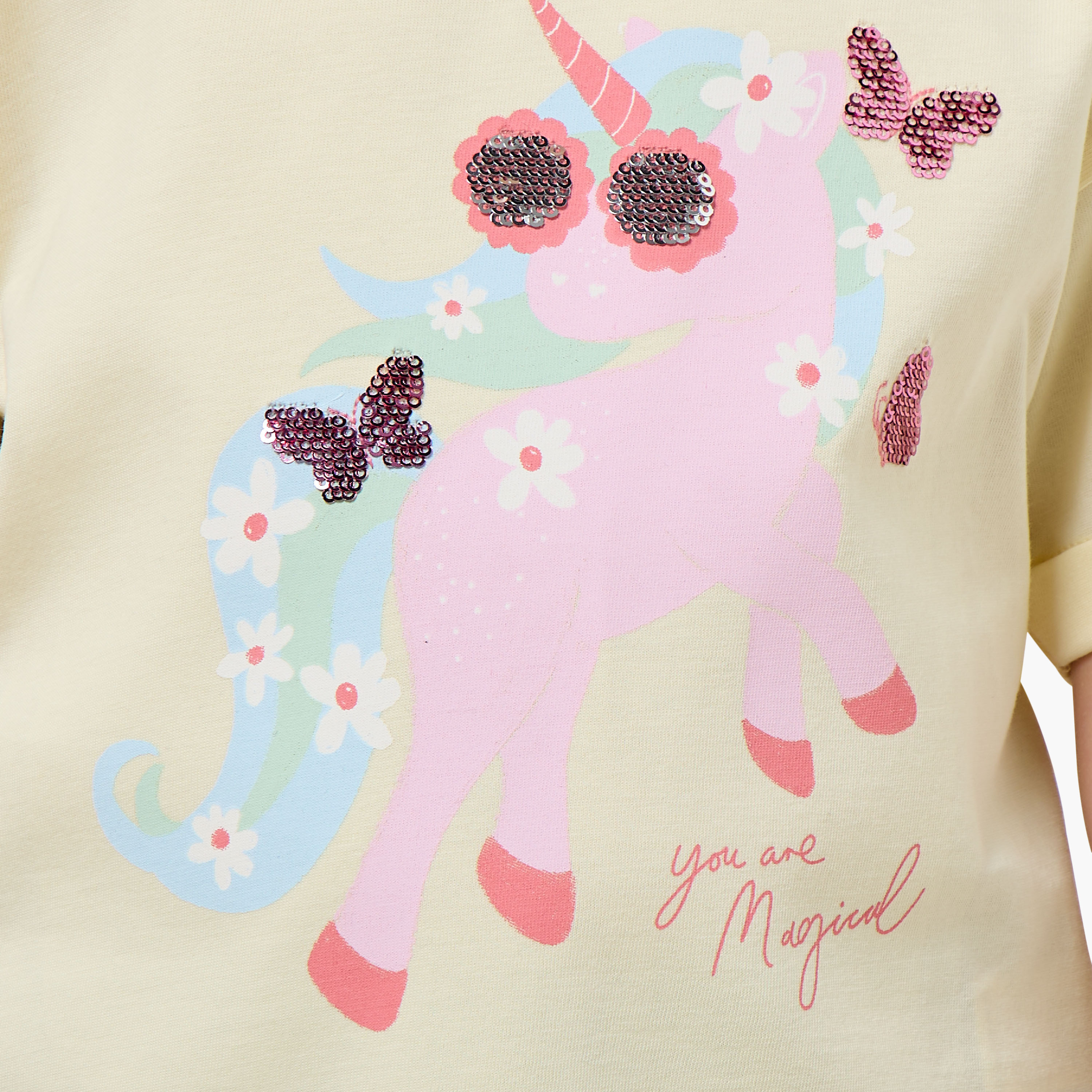 Juniors Crew Neck Short Sleeves T-shirt with Unicorn Sequin Detail-girls-clothing-tshirts-image-5
