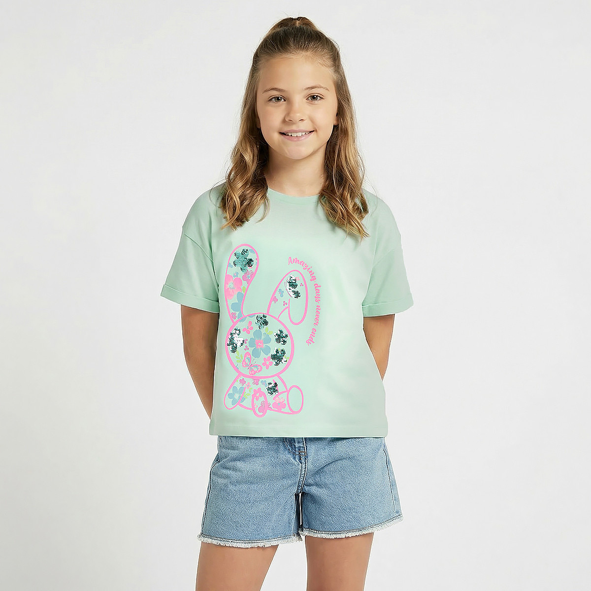Juniors Crew Neck Short Sleeve T-shirt with Bunny Print-girls-clothing-tshirts-image-1