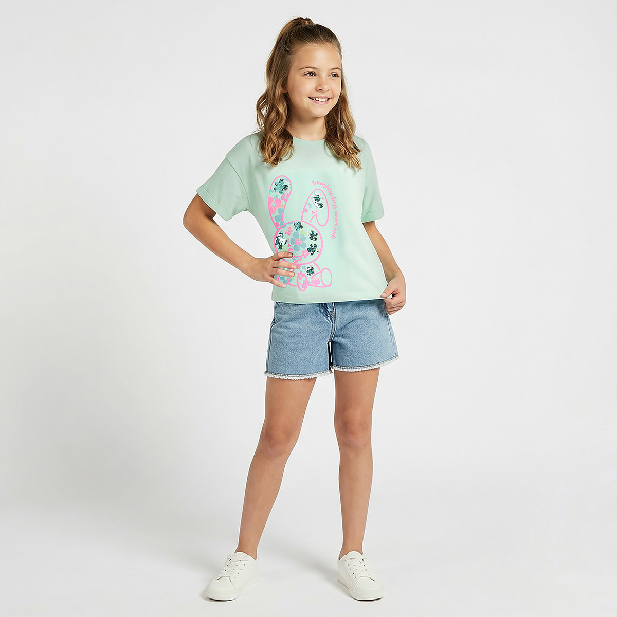 Juniors Crew Neck Short Sleeve T-shirt with Bunny Print-girls-clothing-tshirts-image-2