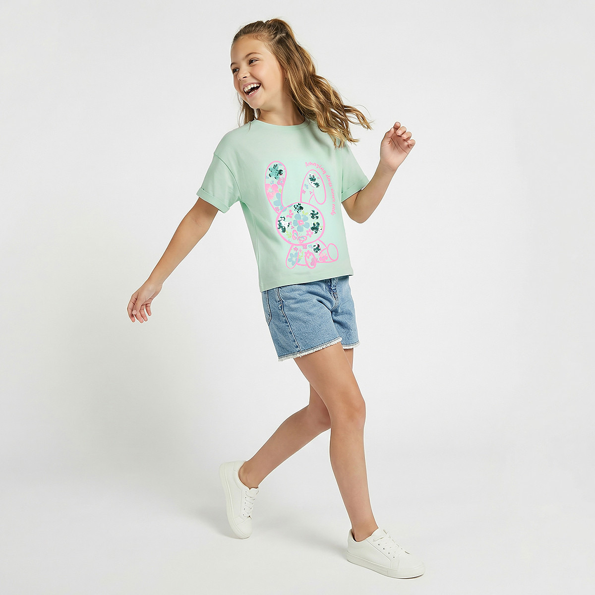 Juniors Crew Neck Short Sleeve T-shirt with Bunny Print-girls-clothing-tshirts-image-5