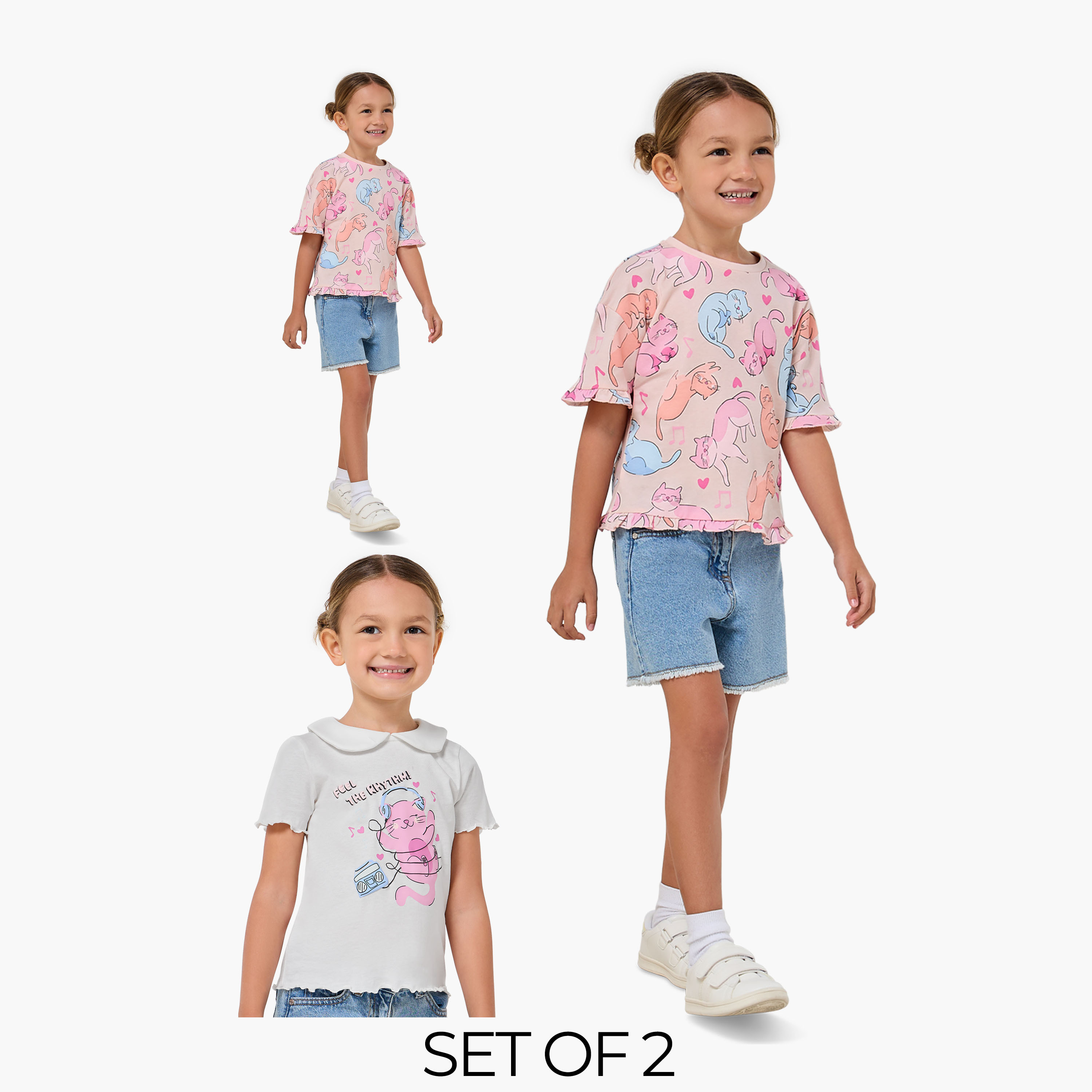 Pack of 2 Juniors Crew Neck Short Sleeve T-shirt with Cat Print-girls-clothing-tshirts-image-1