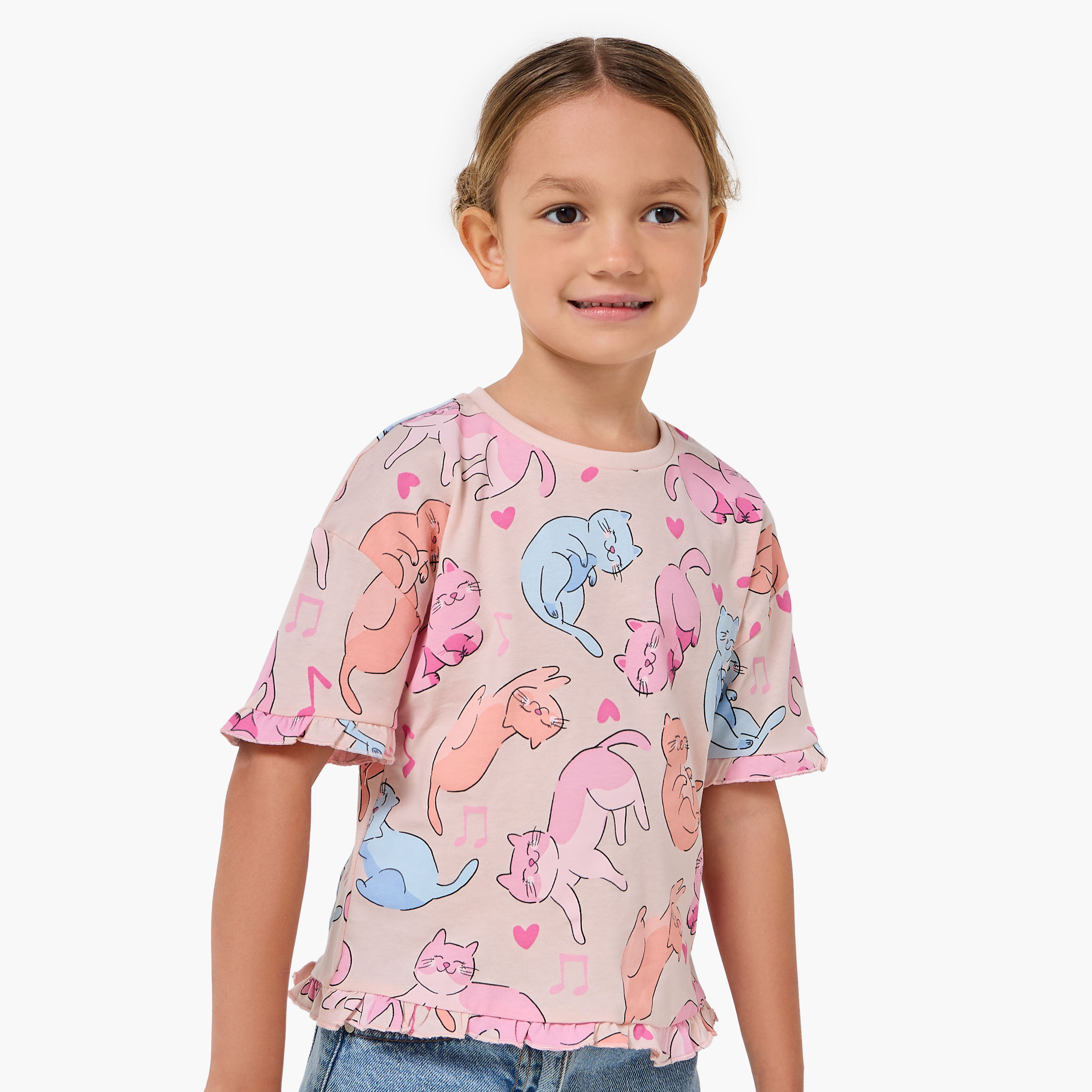 Pack of 2 Juniors Crew Neck Short Sleeve T-shirt with Cat Print-girls-clothing-tshirts-image-2