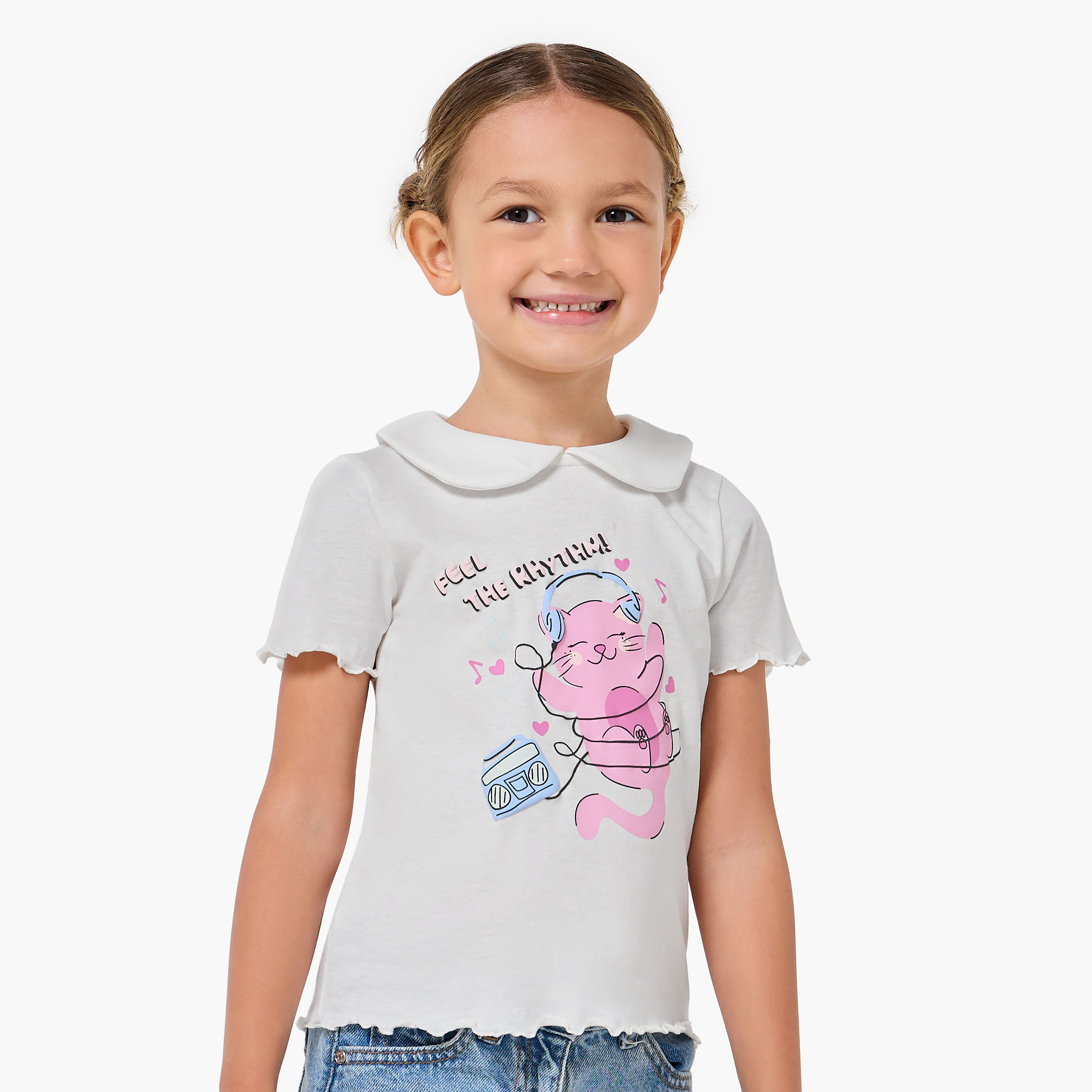 Pack of 2 Juniors Crew Neck Short Sleeve T-shirt with Cat Print-girls-clothing-tshirts-image-3