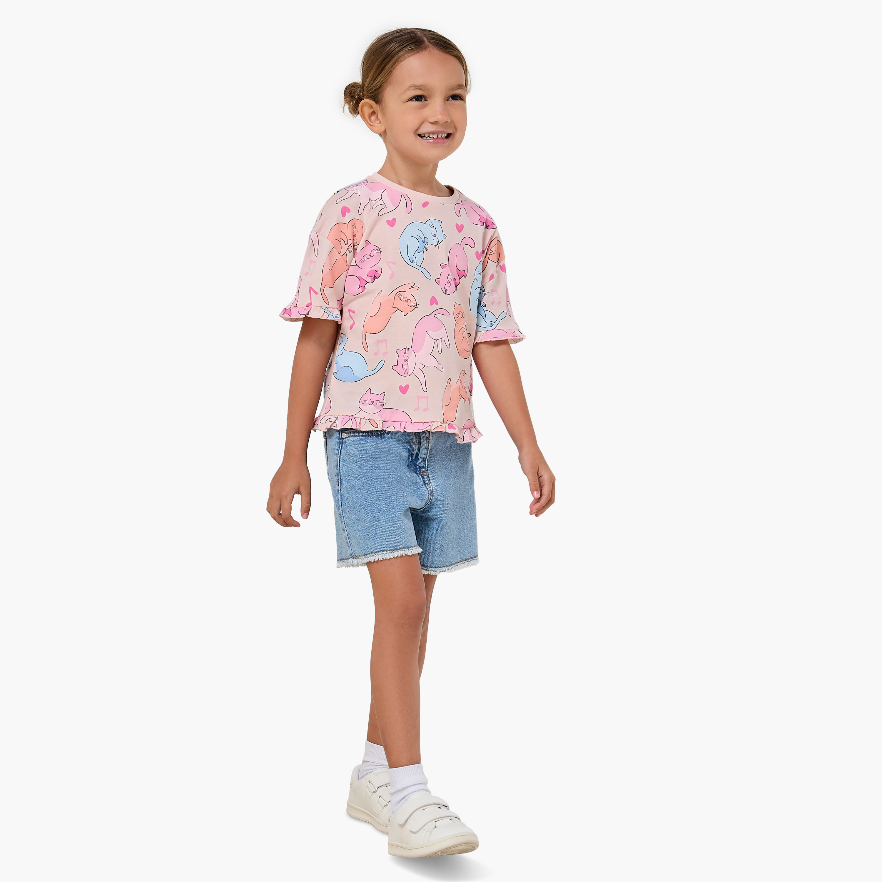 Pack of 2 Juniors Crew Neck Short Sleeve T-shirt with Cat Print-girls-clothing-tshirts-image-4