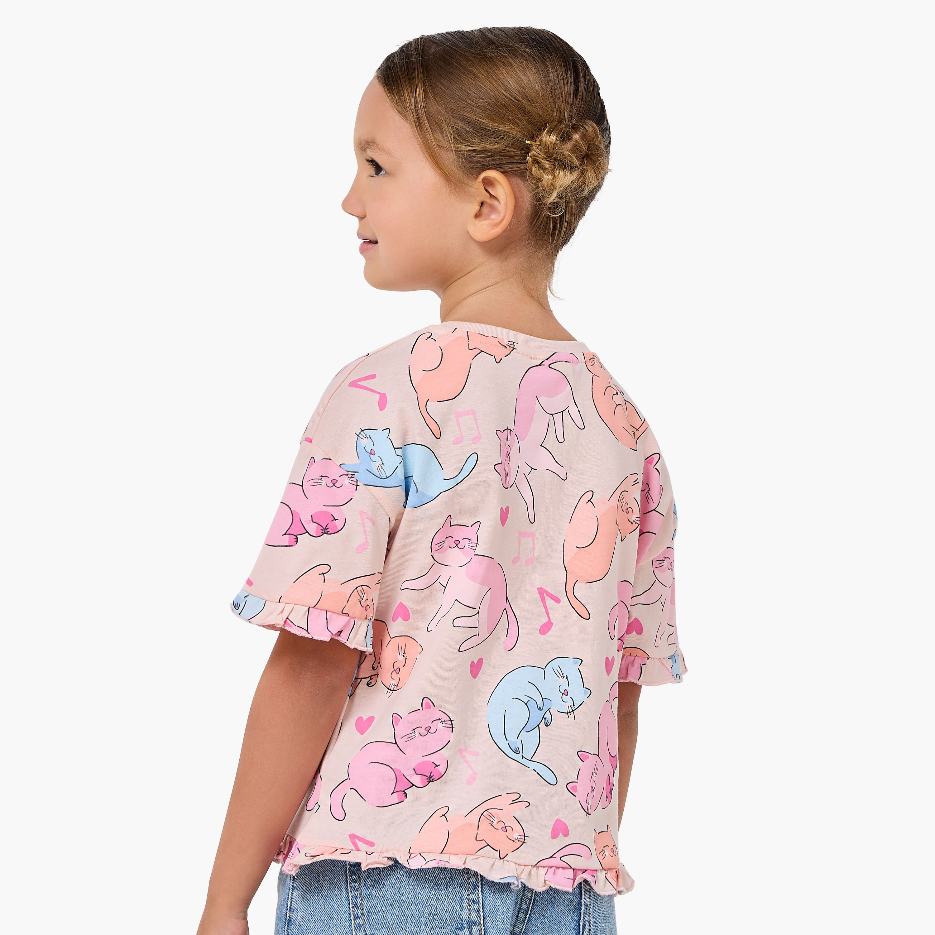 Pack of 2 Juniors Crew Neck Short Sleeve T-shirt with Cat Print-girls-clothing-tshirts-image-5
