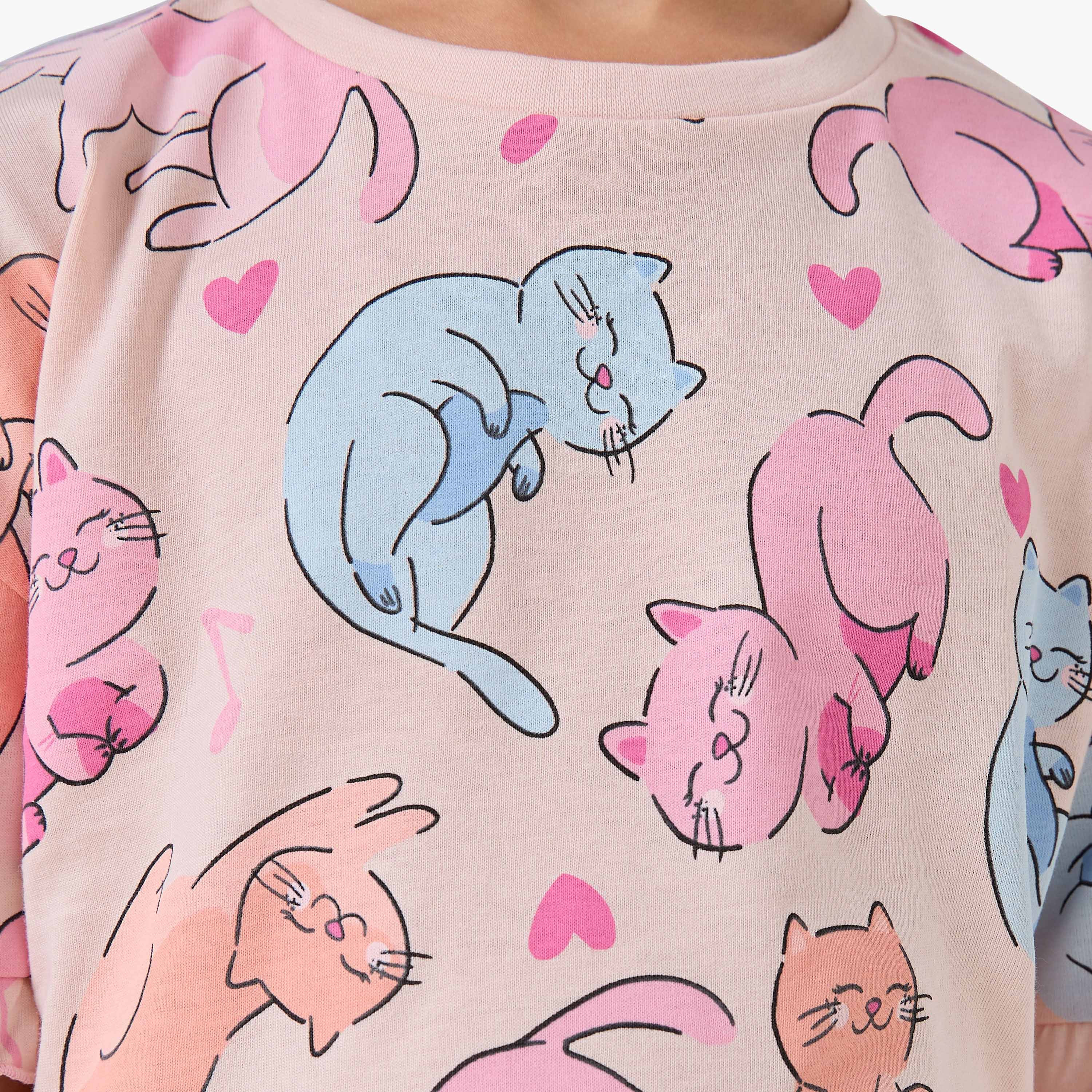 Pack of 2 Juniors Crew Neck Short Sleeve T-shirt with Cat Print-girls-clothing-tshirts-image-6