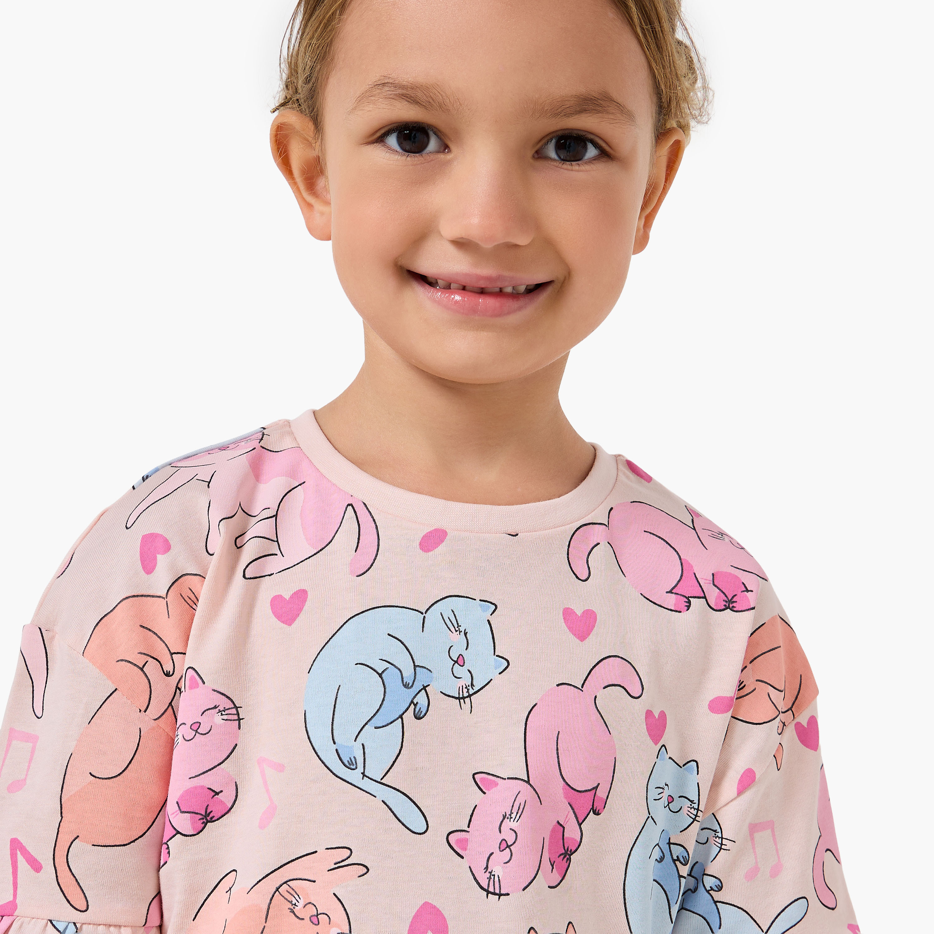 Pack of 2 Juniors Crew Neck Short Sleeve T-shirt with Cat Print-girls-clothing-tshirts-image-7