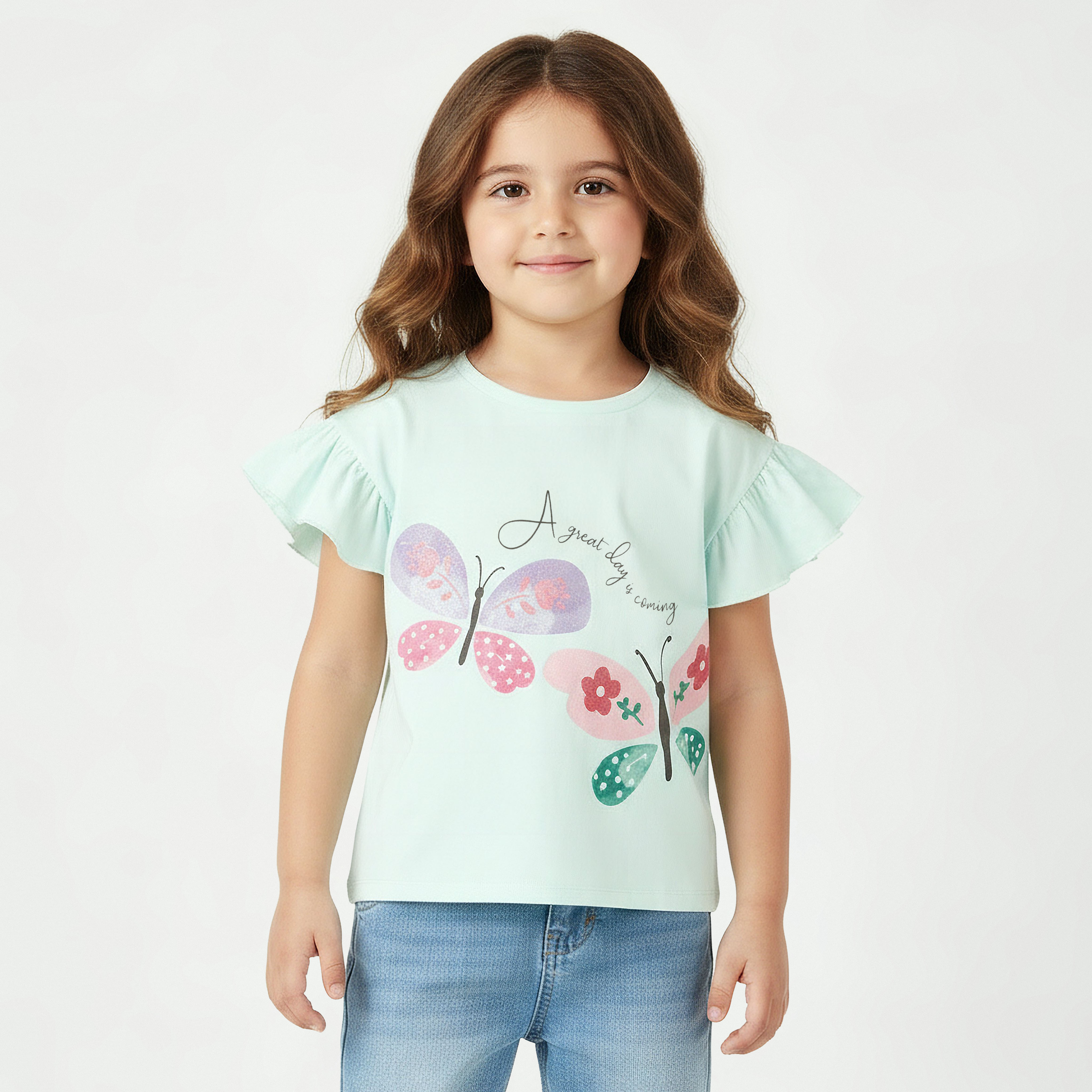 Juniors Crew Neck Short Sleeves T-shirt with Butterfly Print-girls-clothing-tshirts-image-1