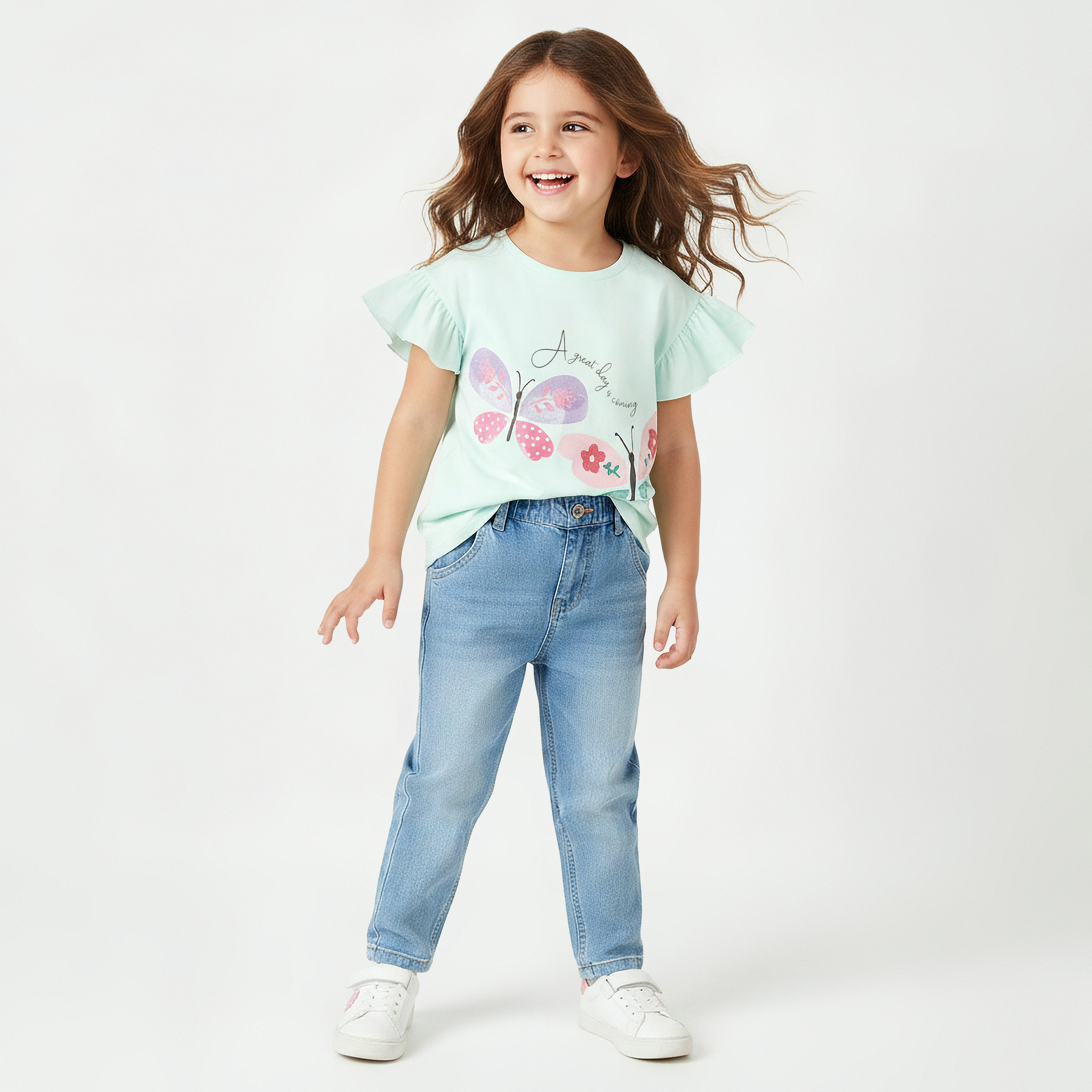 Juniors Crew Neck Short Sleeves T-shirt with Butterfly Print-girls-clothing-tshirts-image-2