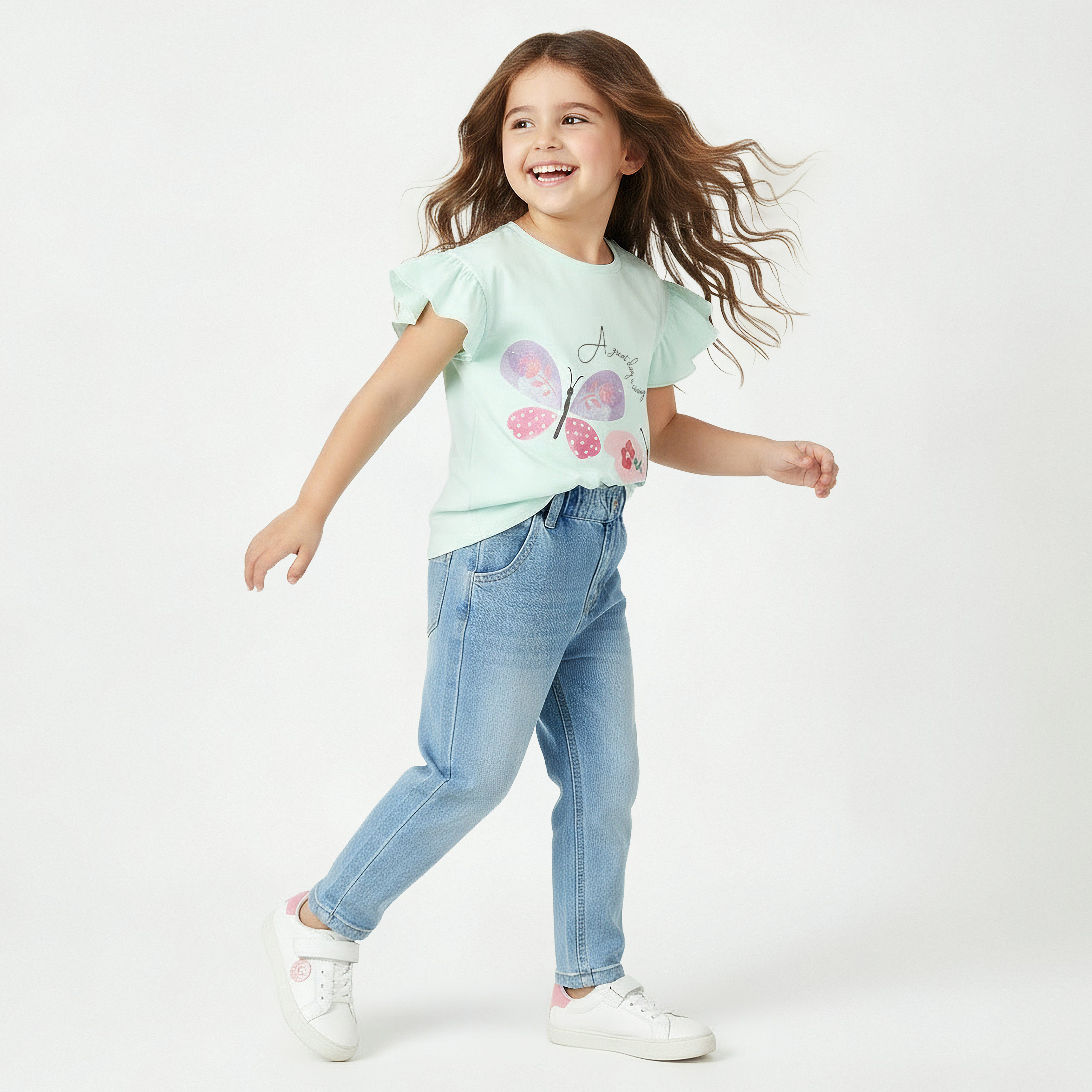 Juniors Crew Neck Short Sleeves T-shirt with Butterfly Print-girls-clothing-tshirts-image-5