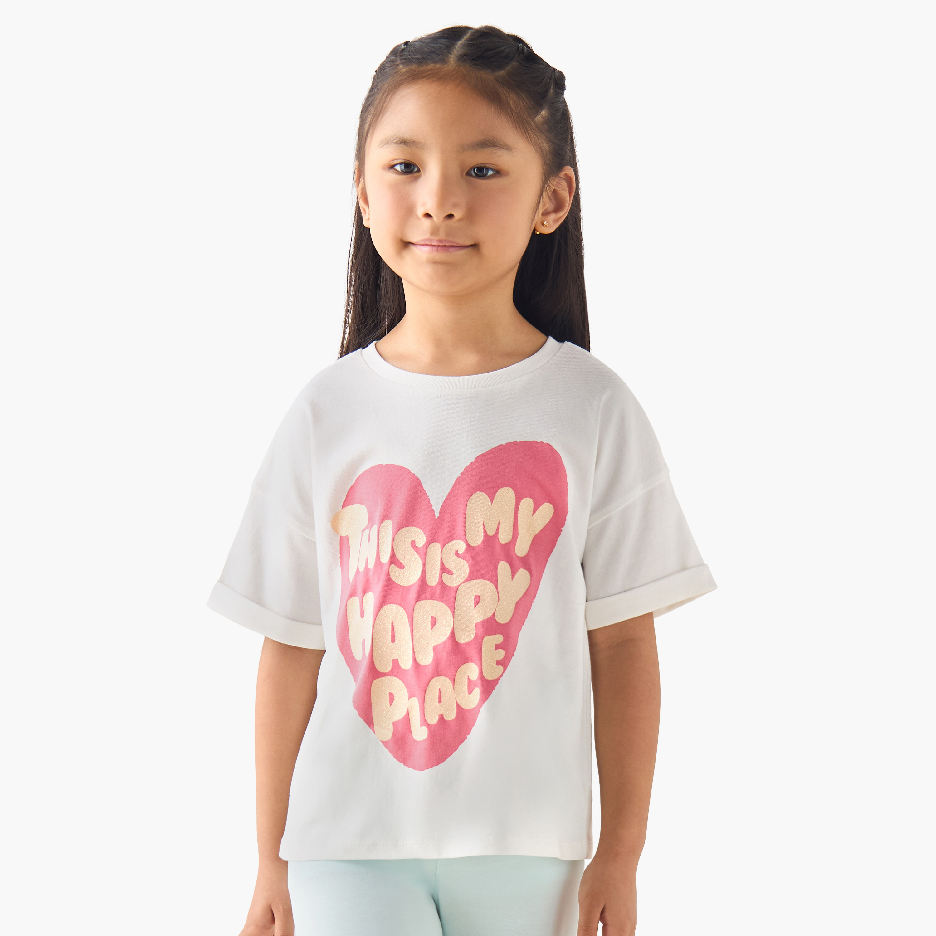 Juniors Crew Neck Short Sleeves T-shirt with Slogan Print-girls-clothing-tshirts-image-1