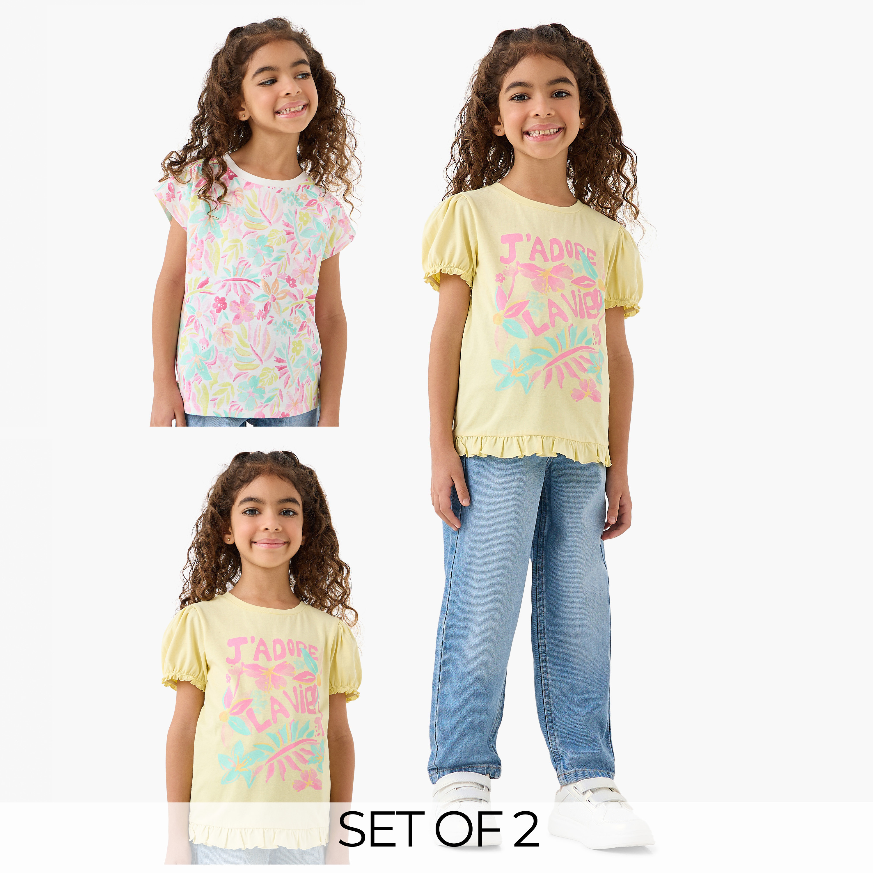 Pack of 2 Juniors Round Neck Short Sleeves T-shirt with Graphic Print-girls-clothing-tshirts-image-1