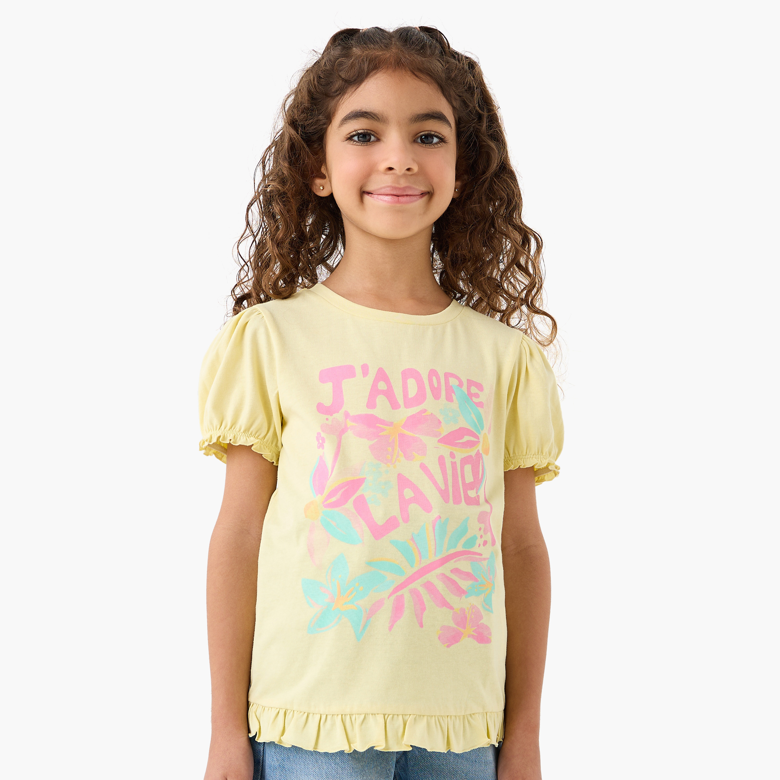 Pack of 2 Juniors Round Neck Short Sleeves T-shirt with Graphic Print-girls-clothing-tshirts-image-3