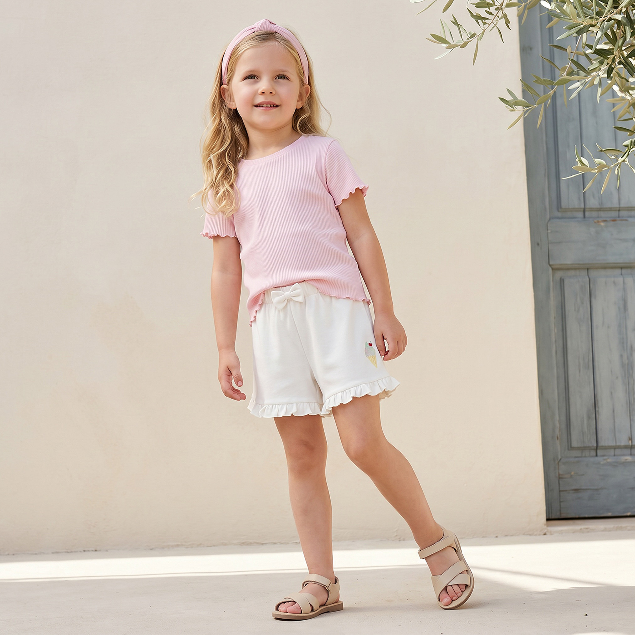 Juniors Above Knee Elasticated Waist Shorts with Ruffle Trim-girls-clothing-bottoms-shorts-image-2
