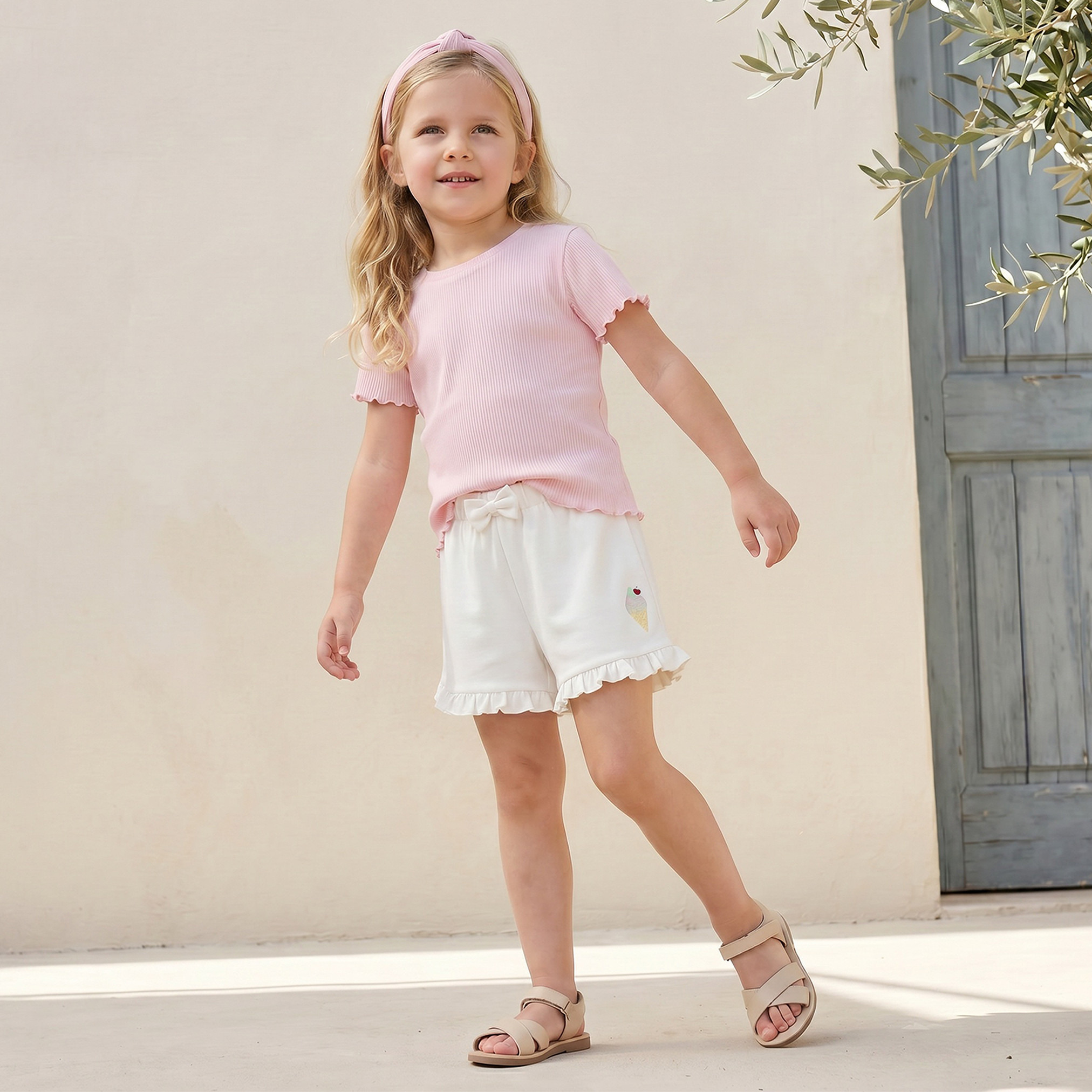Juniors Above Knee Elasticated Waist Shorts with Ruffle Trim-girls-clothing-bottoms-shorts-image-5