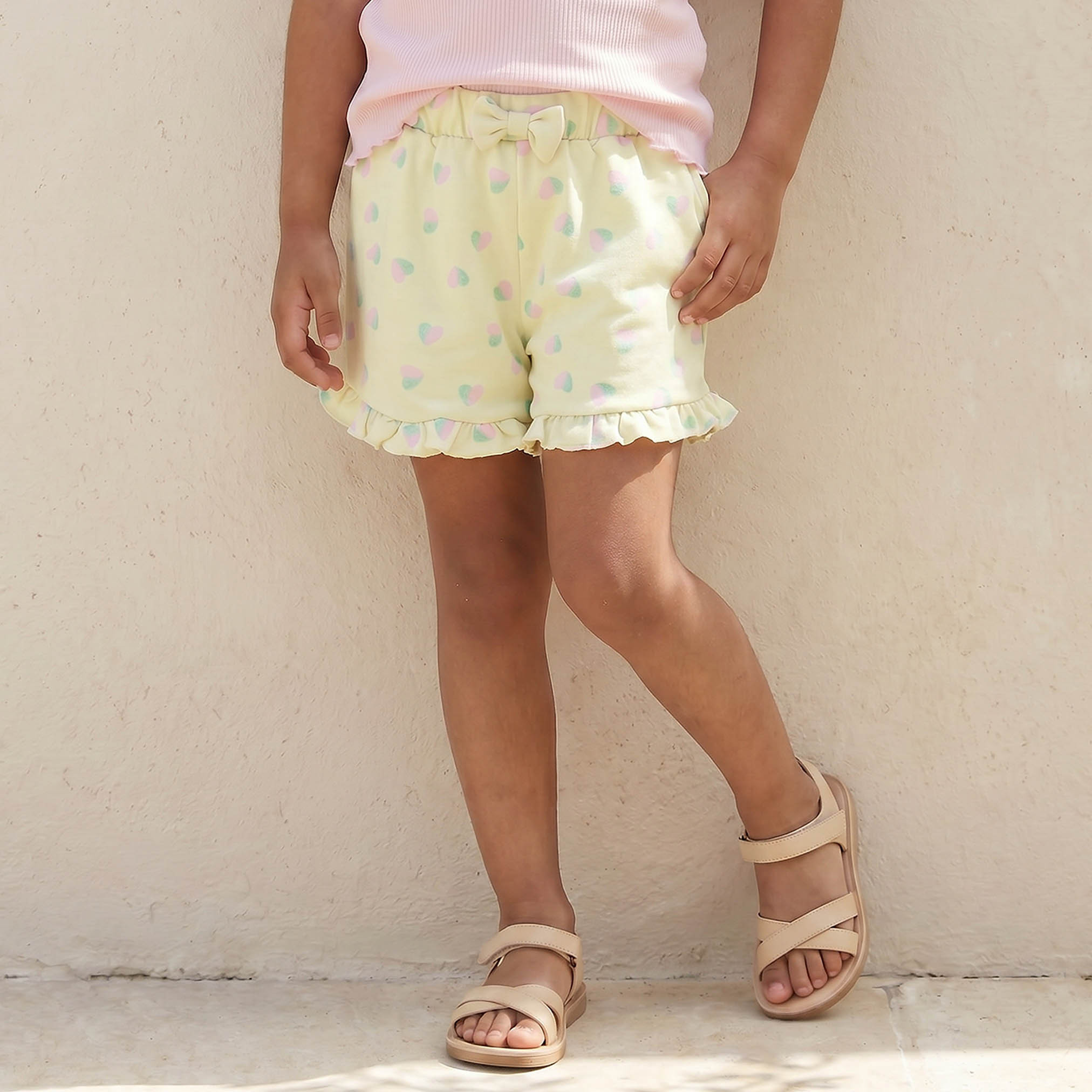 Juniors Above Knee Elasticated Waistband Shorts with Heart Print-girls-clothing-bottoms-shorts-image-1