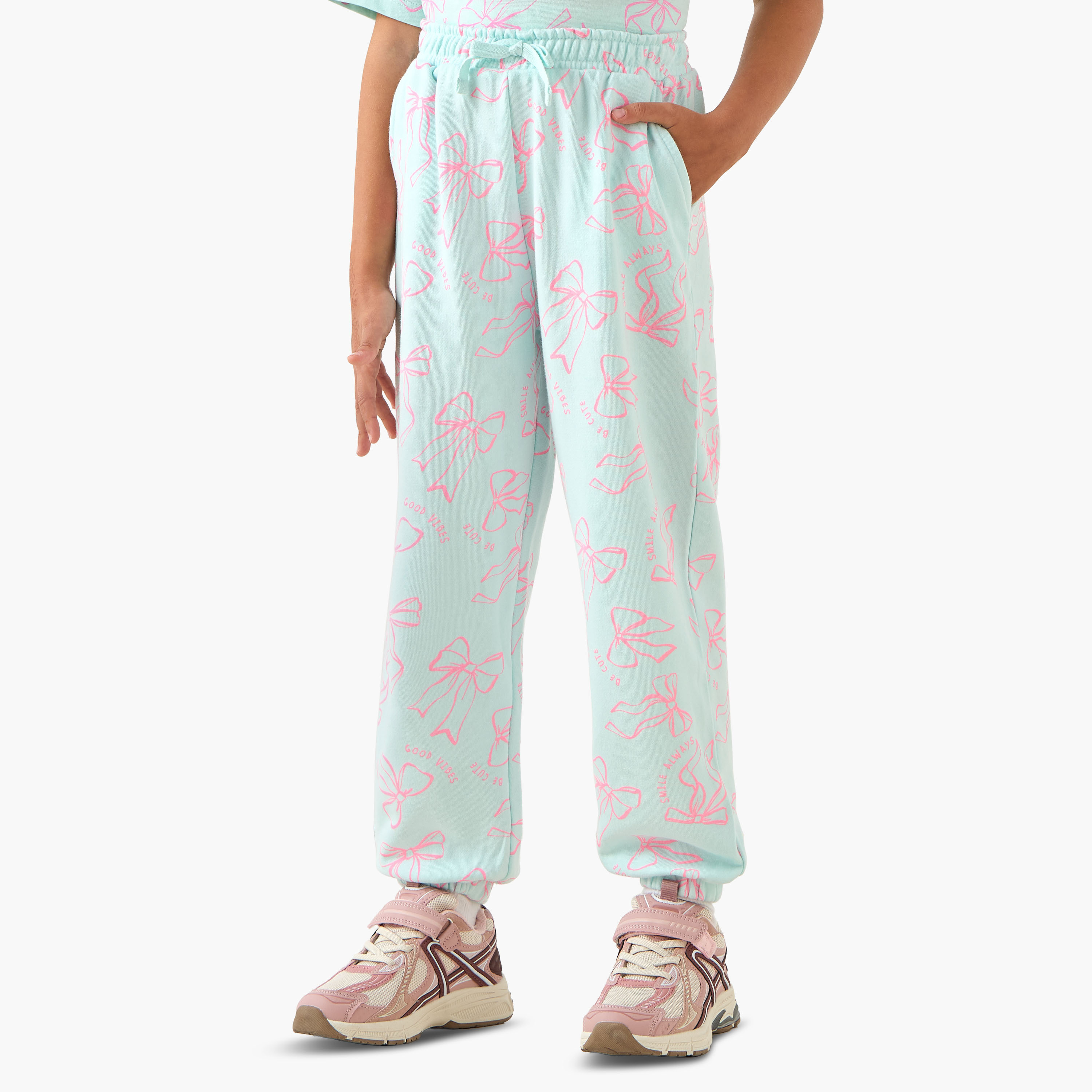 Juniors Elasticated Drawstring Waist Joggers with Bow Print-girls-clothing-bottoms-joggersandtrackpants-image-1