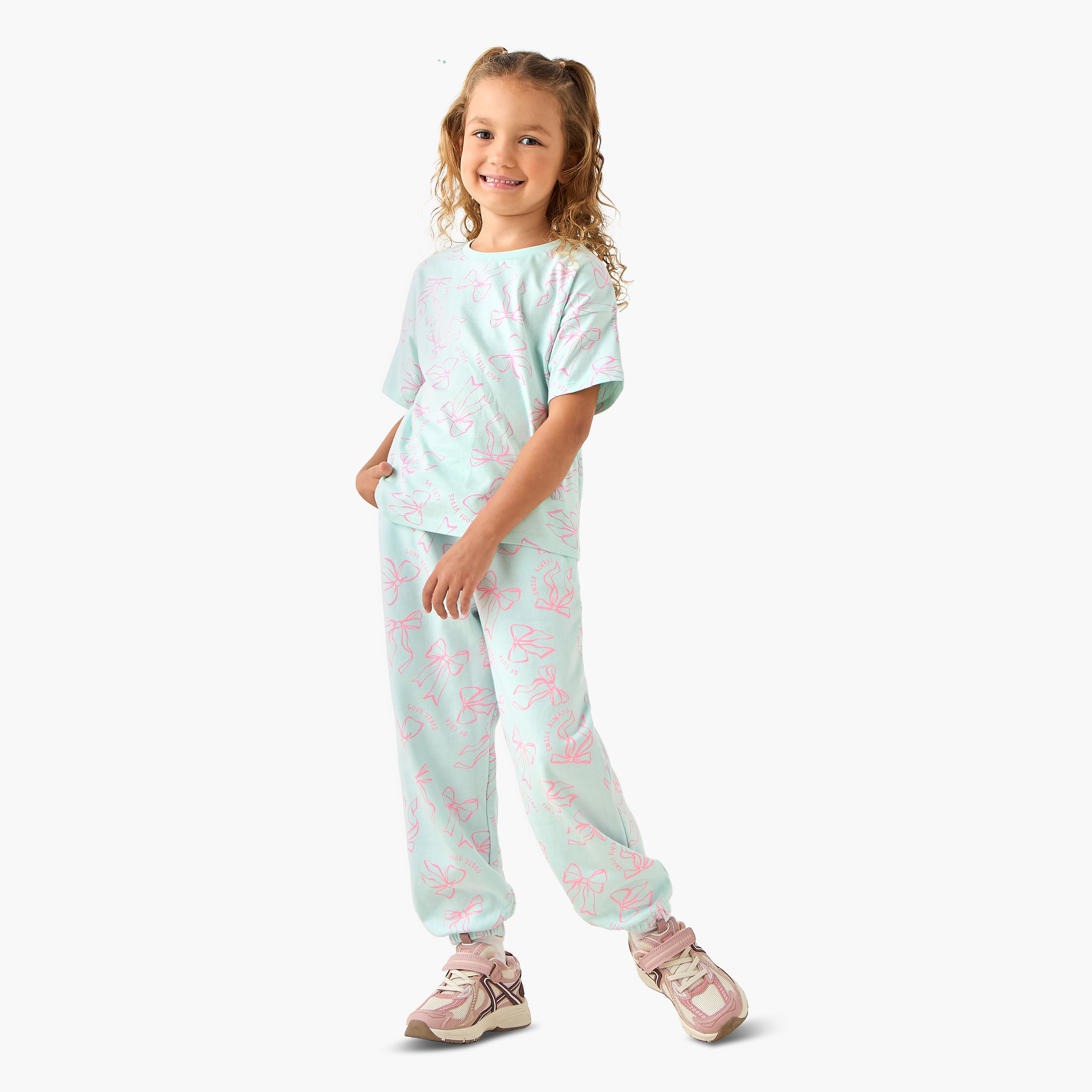 Juniors Elasticated Drawstring Waist Joggers with Bow Print-girls-clothing-bottoms-joggersandtrackpants-image-2