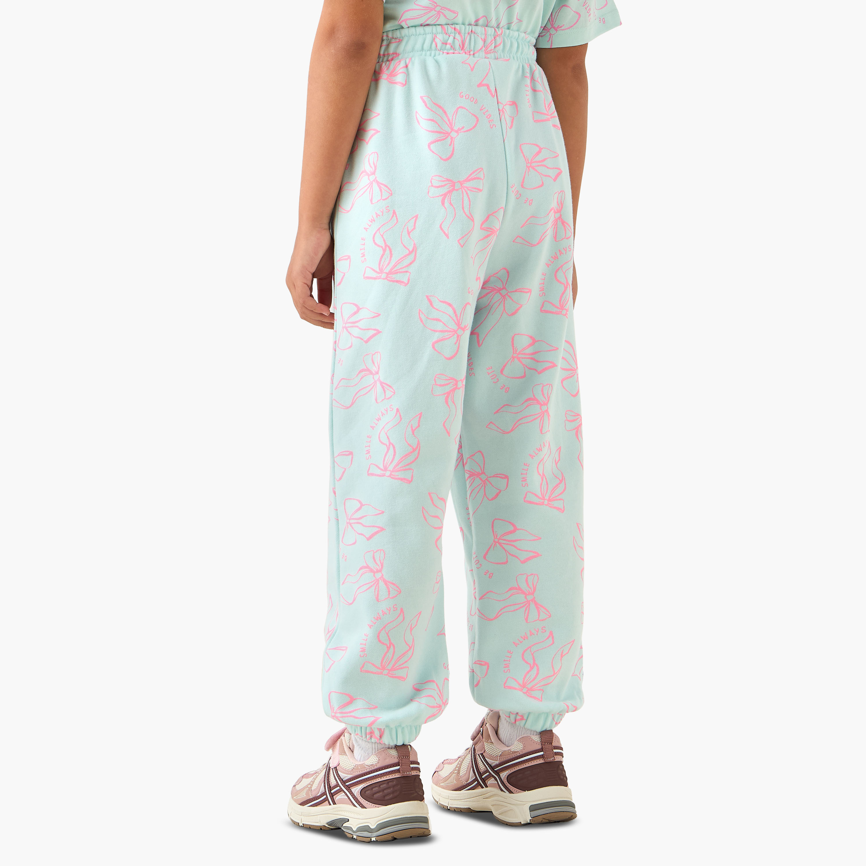 Juniors Elasticated Drawstring Waist Joggers with Bow Print-girls-clothing-bottoms-joggersandtrackpants-image-3
