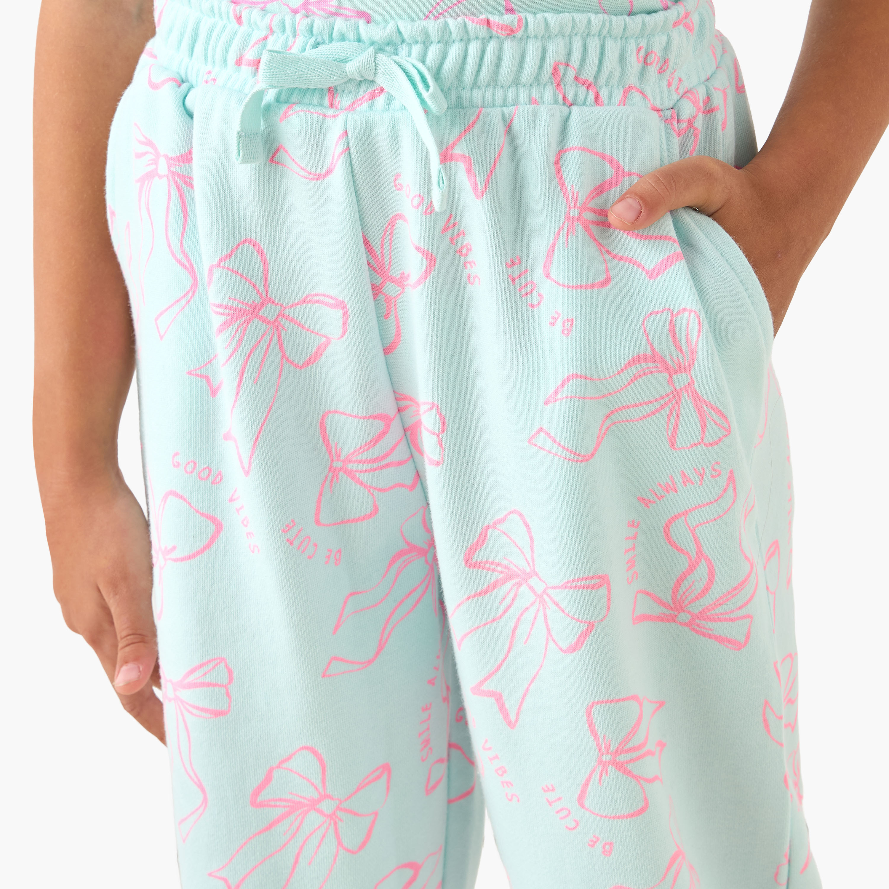 Juniors Elasticated Drawstring Waist Joggers with Bow Print-girls-clothing-bottoms-joggersandtrackpants-image-4