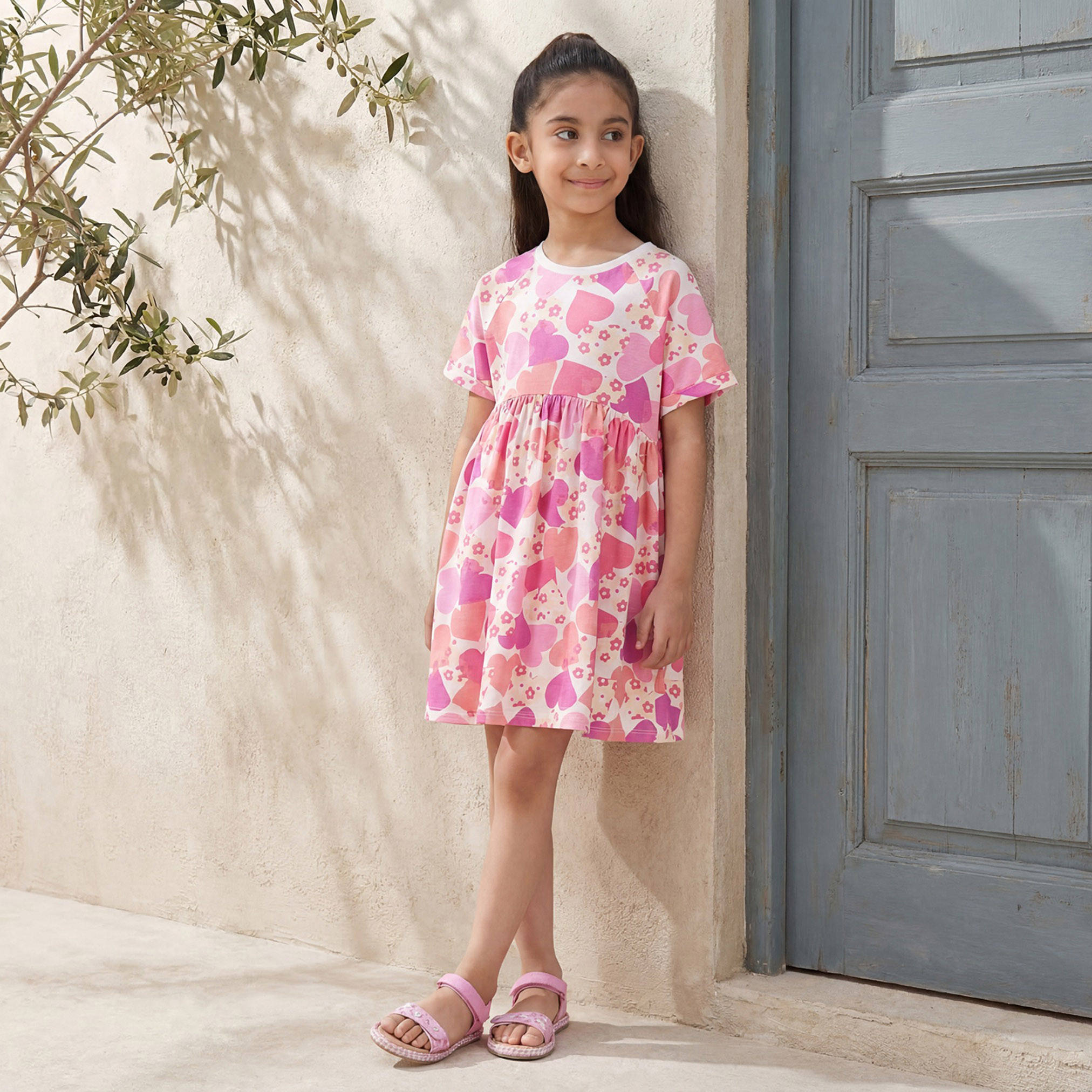 Juniors Round Neck Short Sleeves A-line Dress with Heart Print-girls-clothing-dressesandjumpsuits-image-1