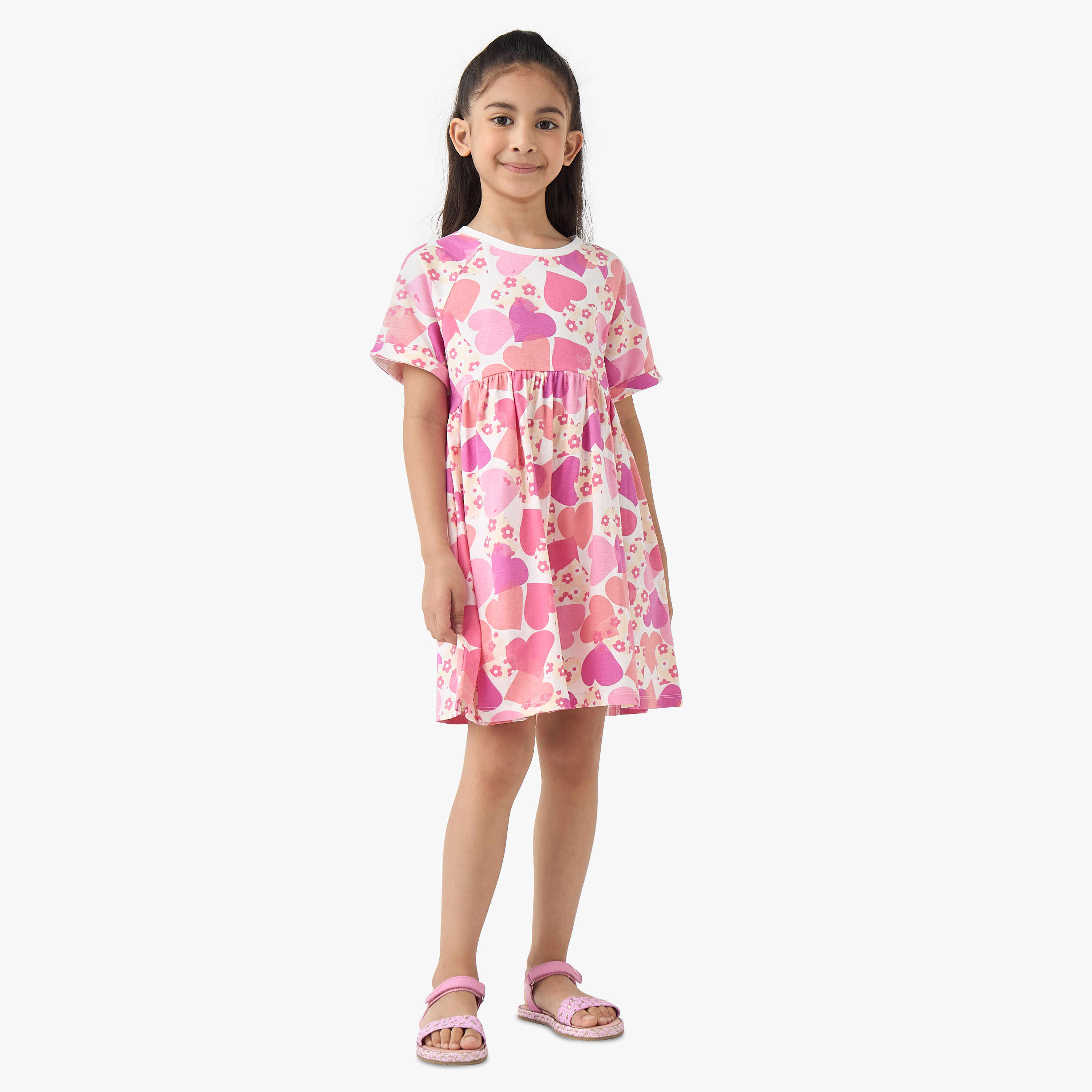 Juniors Round Neck Short Sleeves A-line Dress with Heart Print-girls-clothing-dressesandjumpsuits-image-2