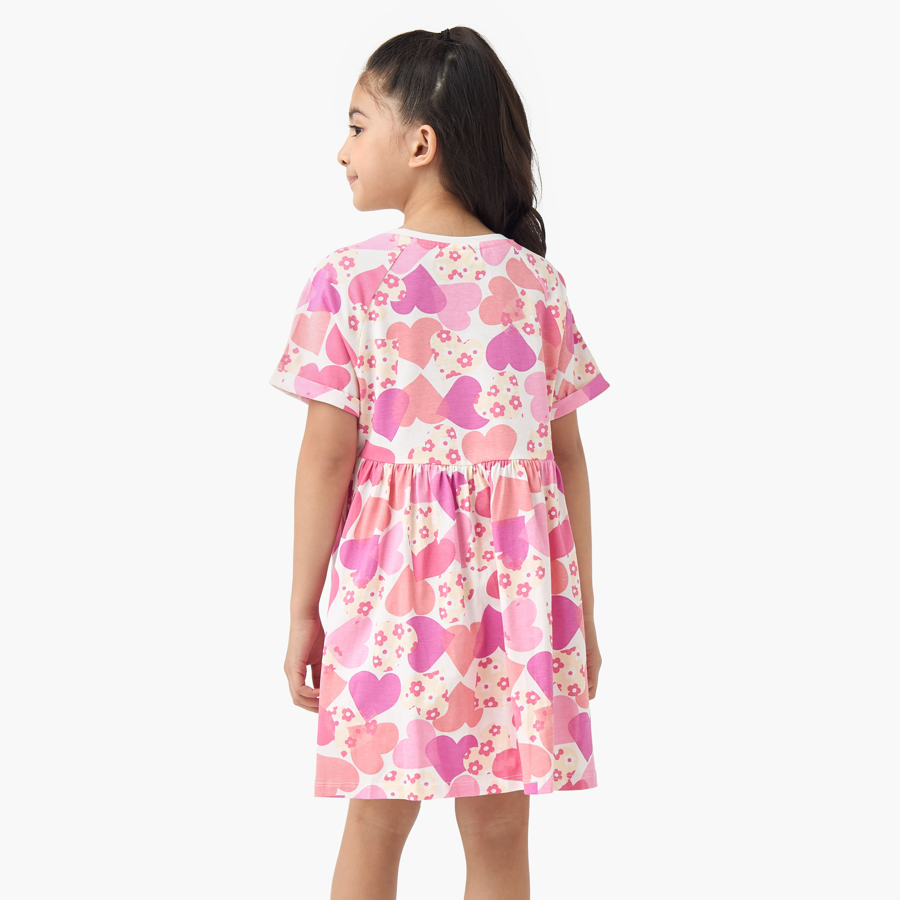 Juniors Round Neck Short Sleeves A-line Dress with Heart Print-girls-clothing-dressesandjumpsuits-image-3