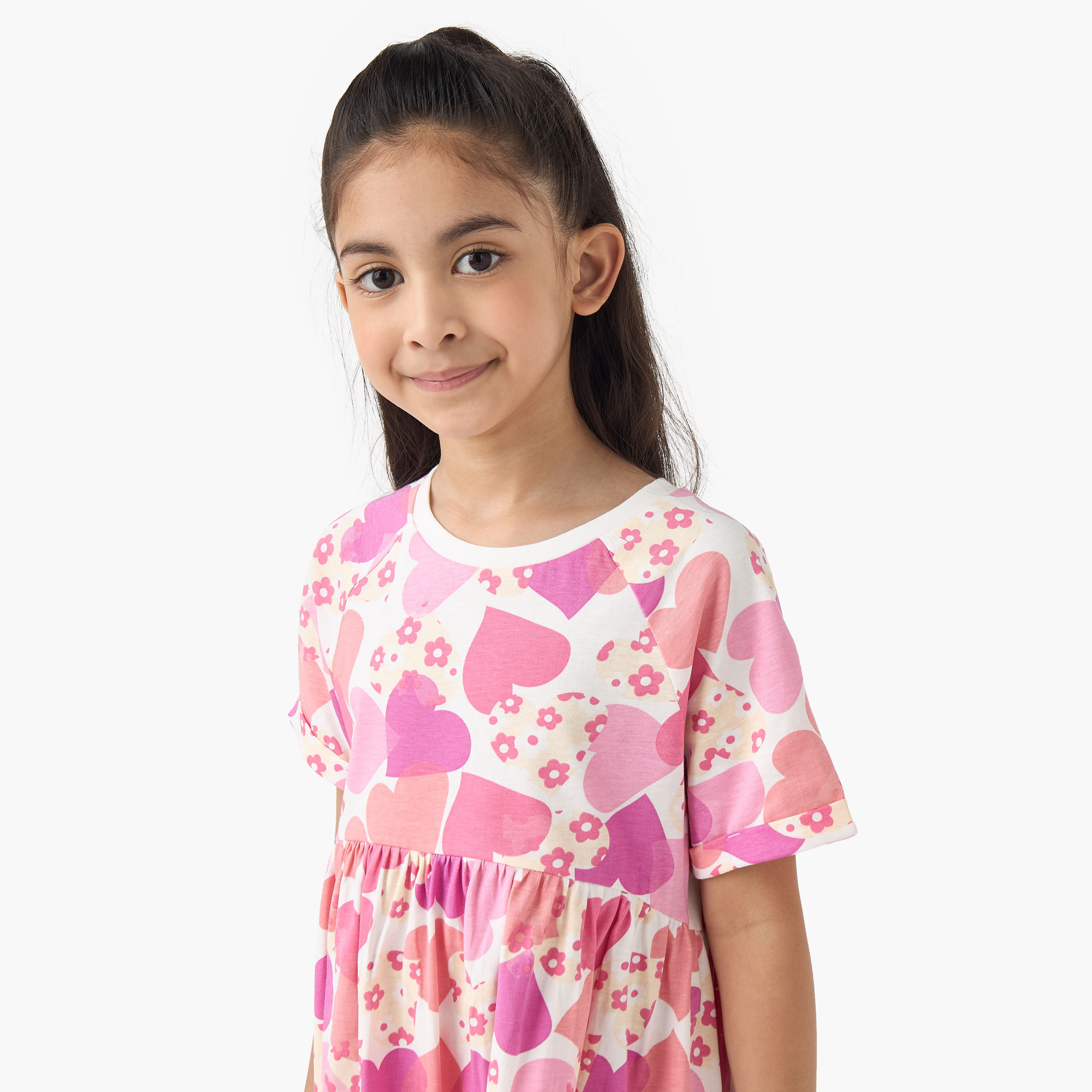 Juniors Round Neck Short Sleeves A-line Dress with Heart Print-girls-clothing-dressesandjumpsuits-image-4
