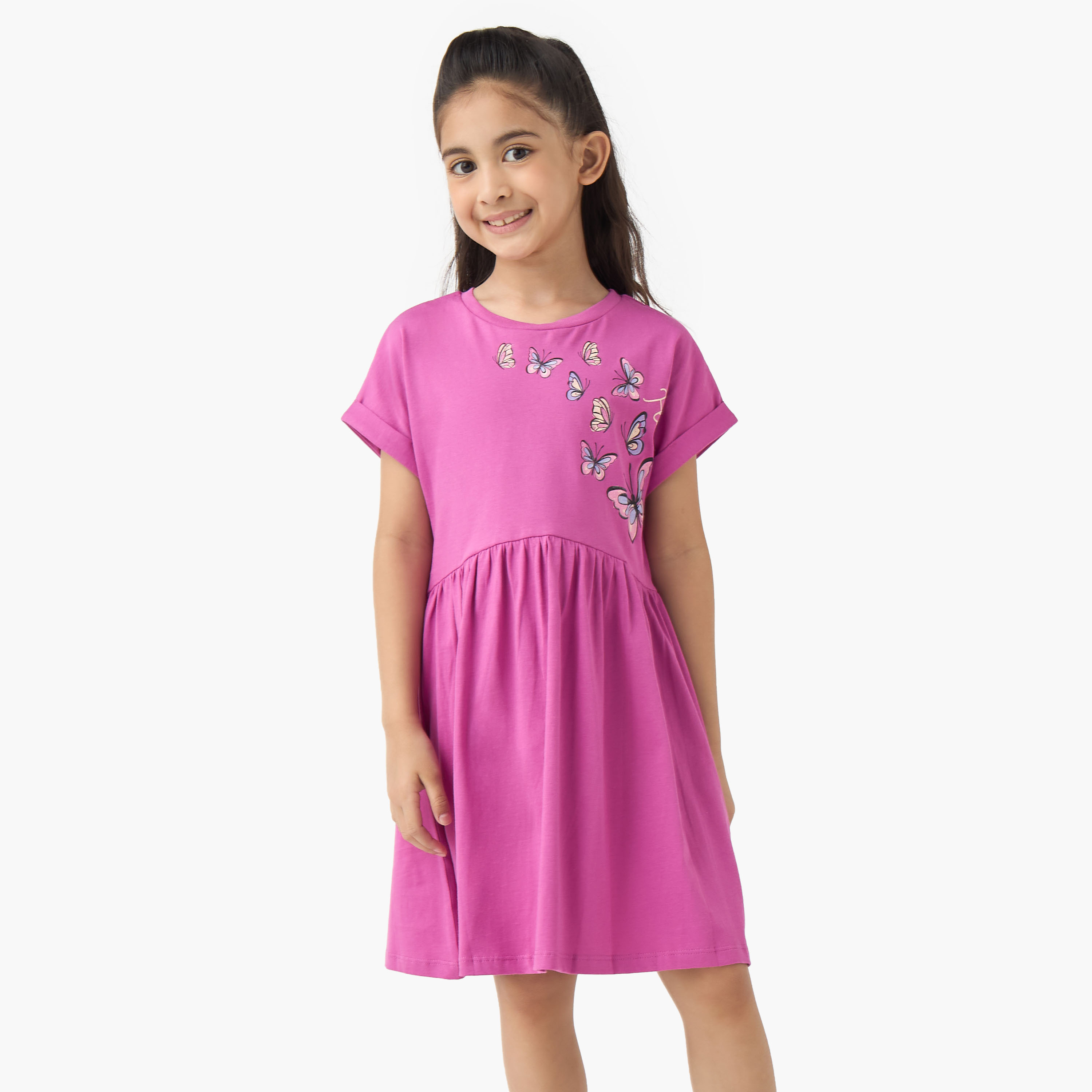 Juniors Round Neck Short Sleeves Skater Dress with Butterfly Print-girls-clothing-dressesandjumpsuits-image-1