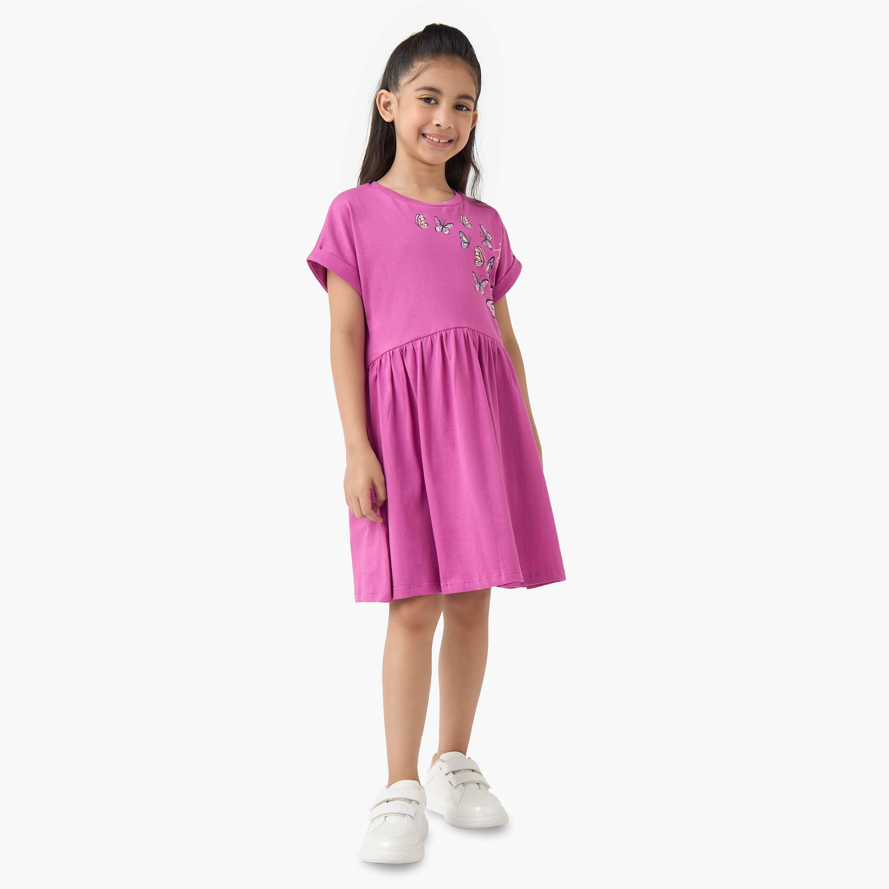Juniors Round Neck Short Sleeves Skater Dress with Butterfly Print-girls-clothing-dressesandjumpsuits-image-2