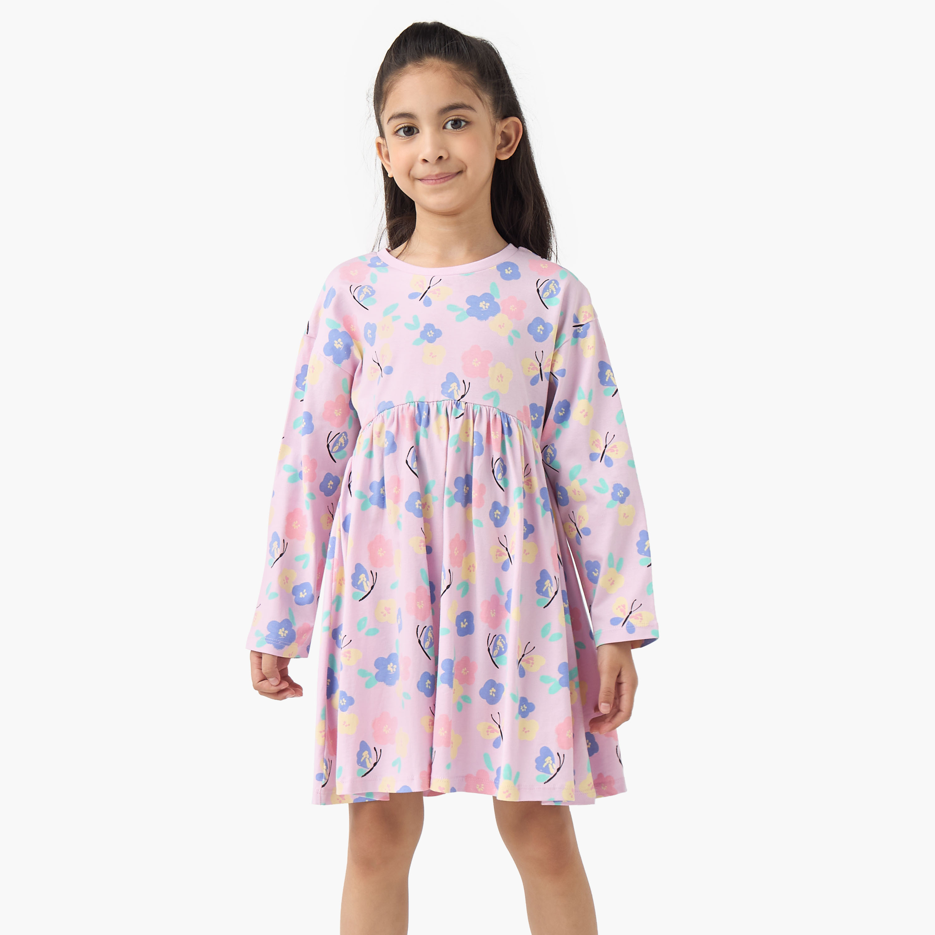 Juniors Round Neck Long Sleeves Skater Dress with Floral Print-girls-clothing-dressesandjumpsuits-image-1