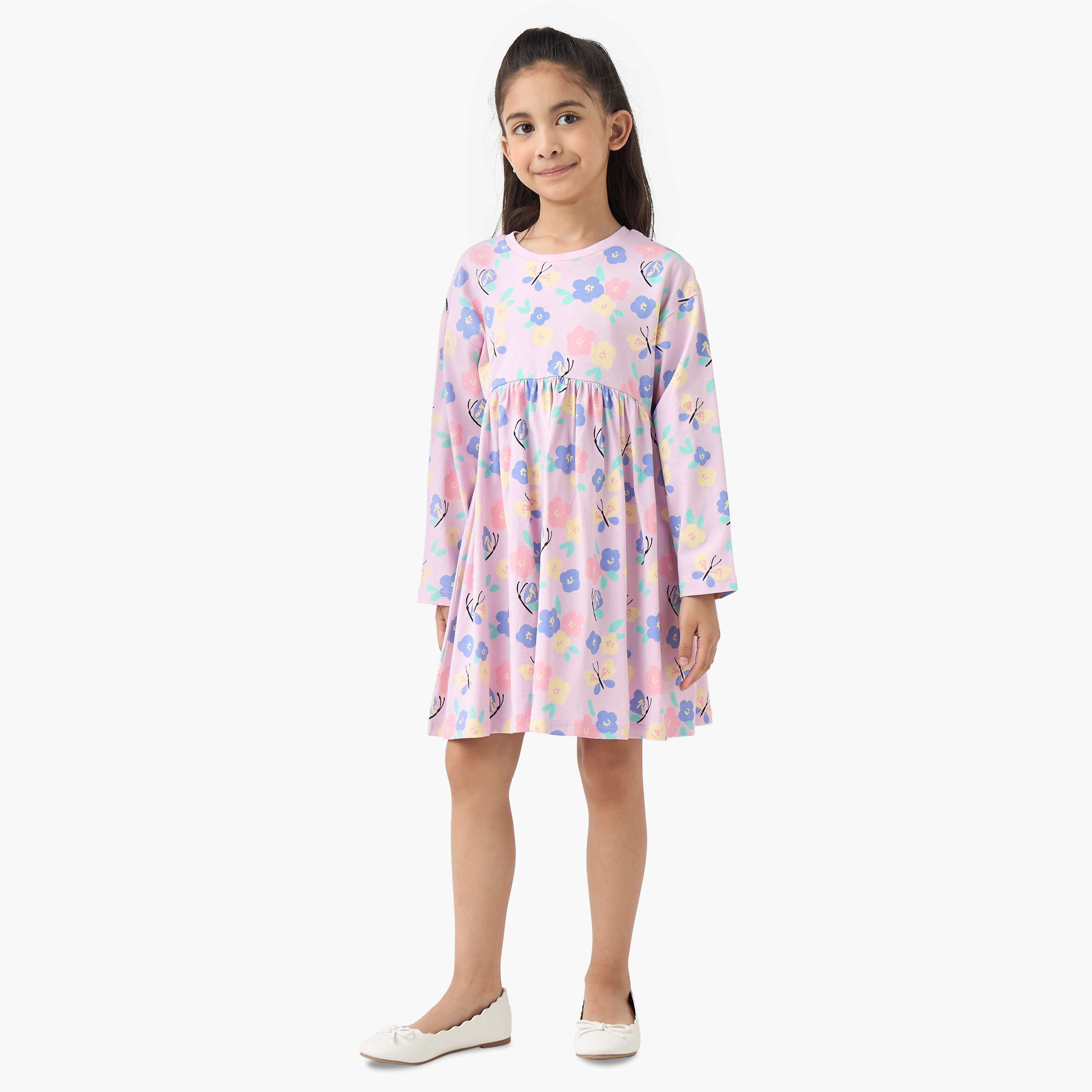 Juniors Round Neck Long Sleeves Skater Dress with Floral Print-girls-clothing-dressesandjumpsuits-image-2