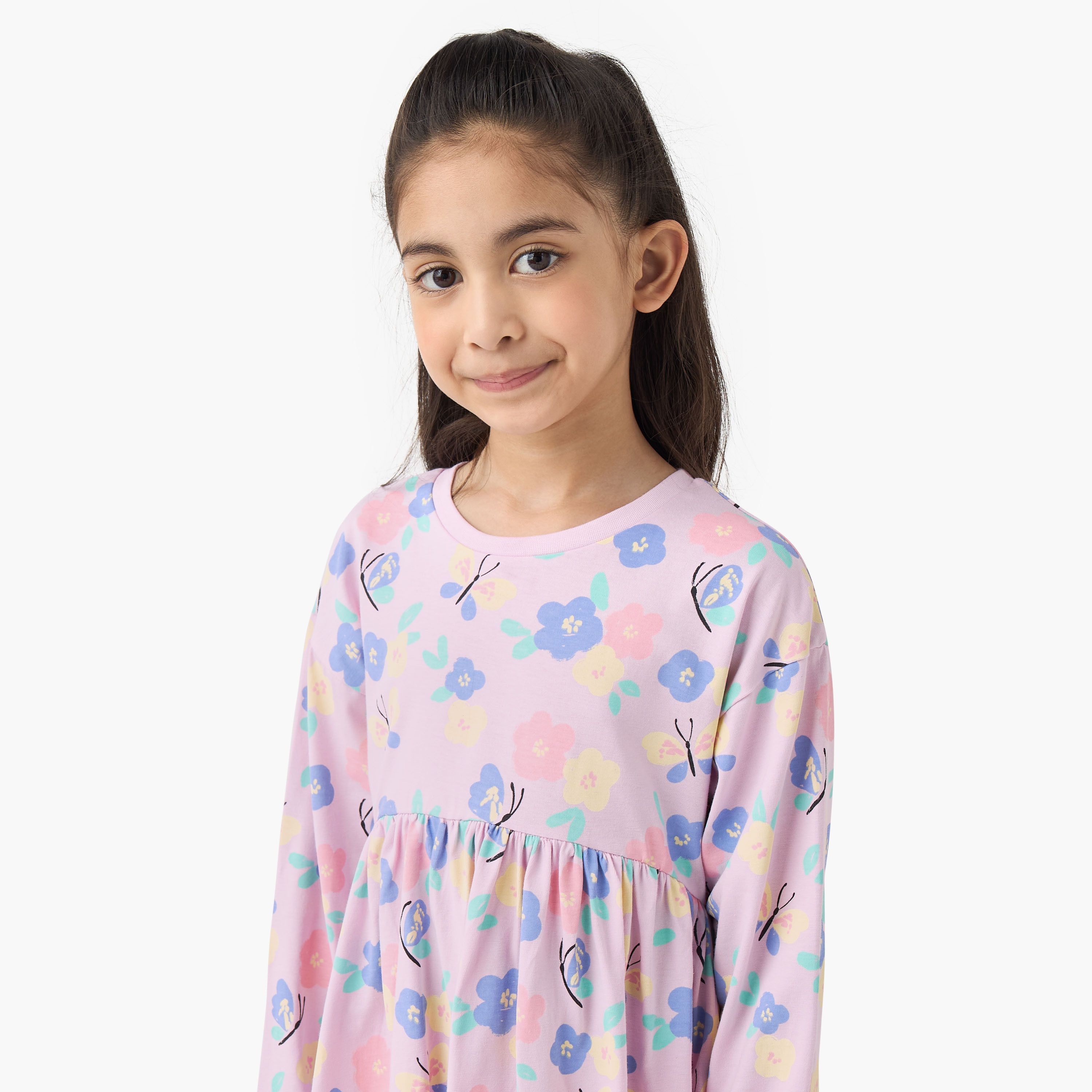 Juniors Round Neck Long Sleeves Skater Dress with Floral Print-girls-clothing-dressesandjumpsuits-image-4