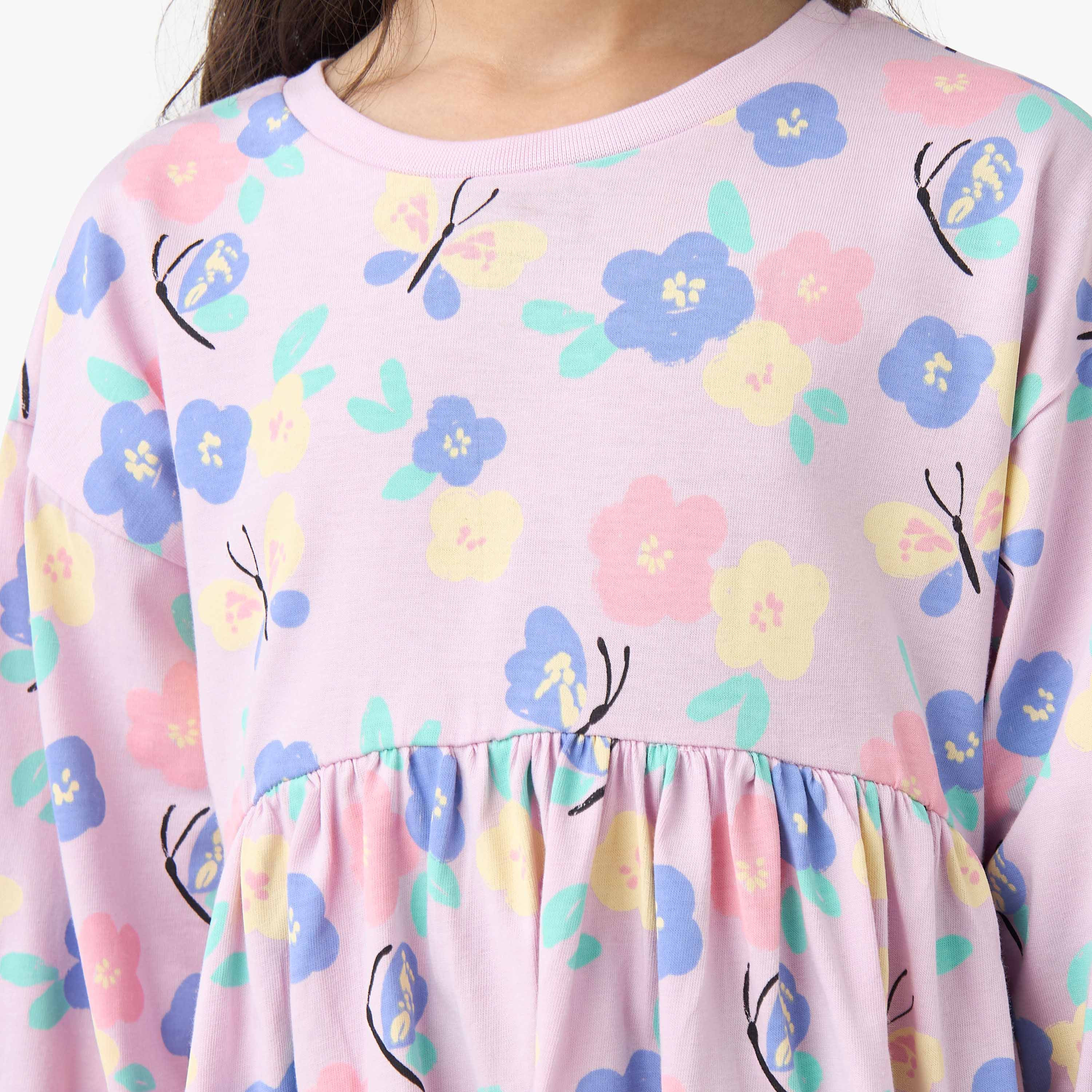 Juniors Round Neck Long Sleeves Skater Dress with Floral Print-girls-clothing-dressesandjumpsuits-image-5