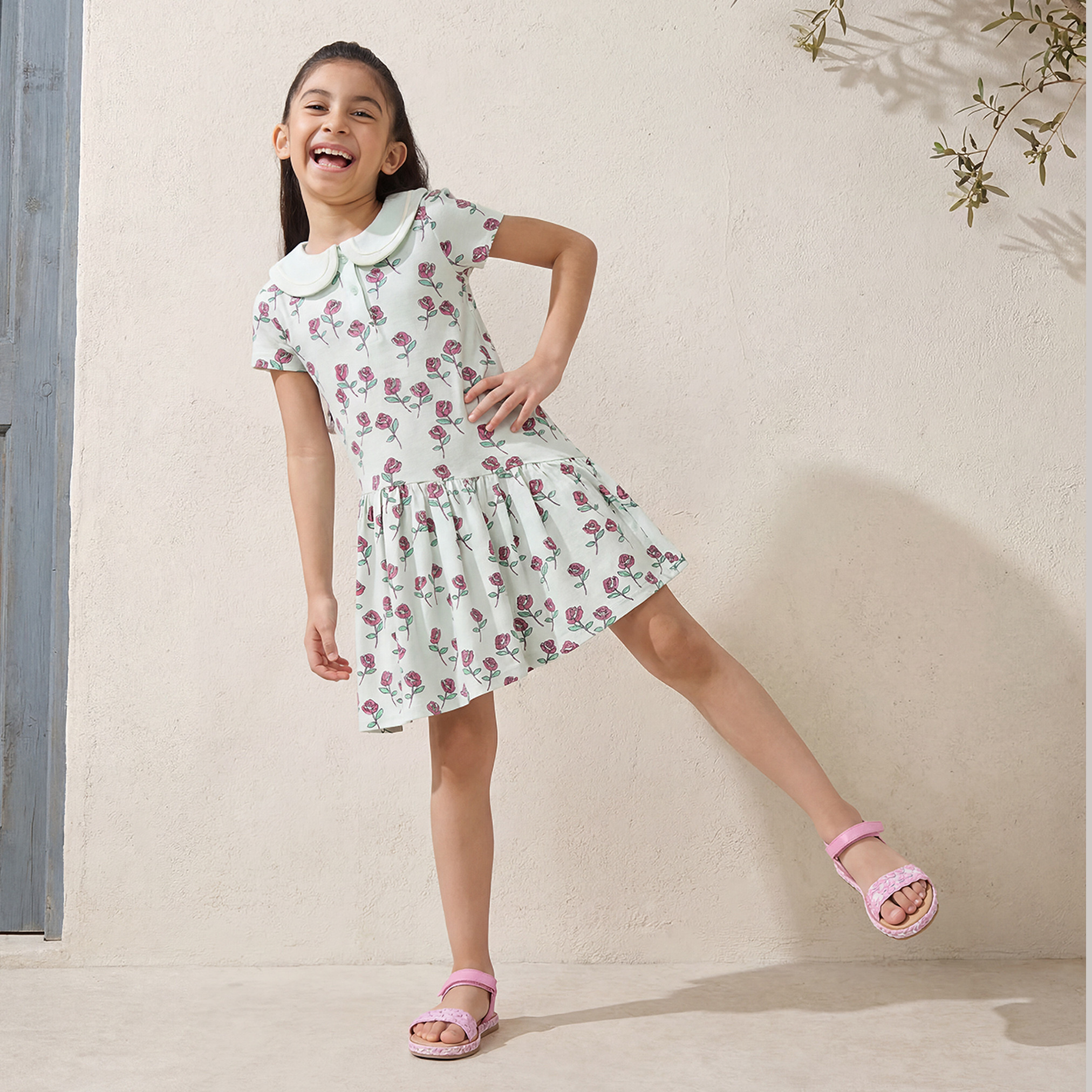 Juniors Peter Pan Collar Short Sleeves A-line Dress with Floral Print-girls-clothing-dressesandjumpsuits-image-1